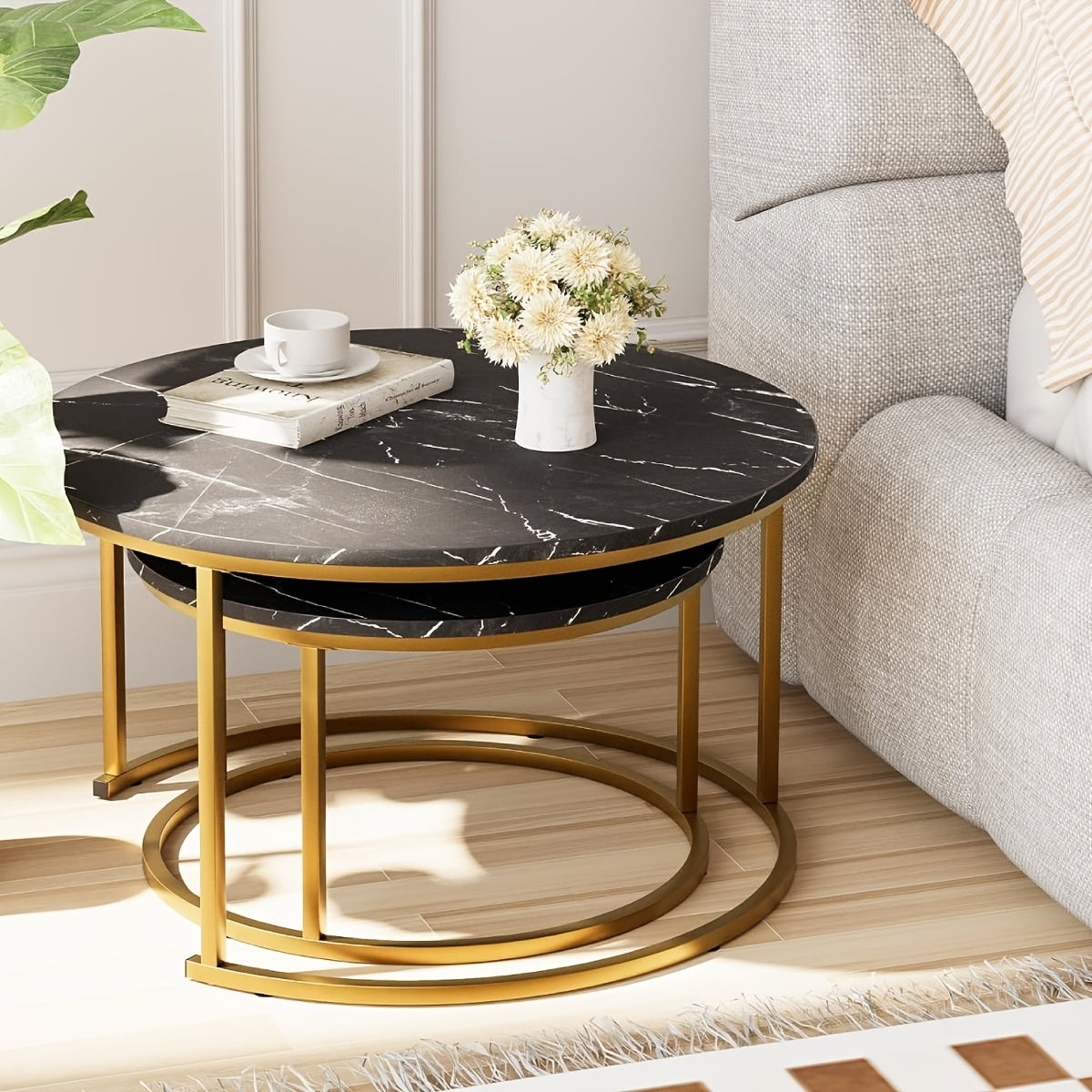 2pcs Nesting Coffee Table Set, Modern Round Coffee Tables for Living Room, Balcony, Office, Circle Table Accent End Side Table with Sturdy Golden Metal Frame, Easy Assembly