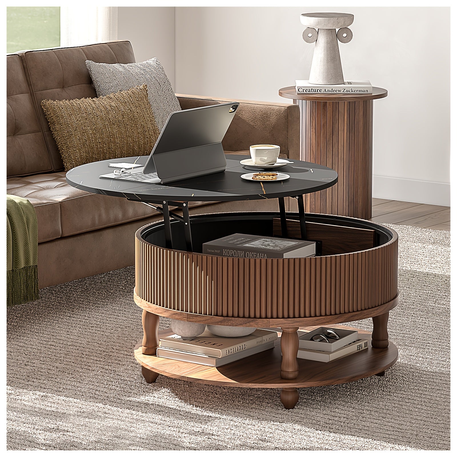 Round Elevated Coffee Table -- Multifunctional Coffee Table With Solid Wood Legs And Built-in Storage, Mid-century Modern Style, Ideal Living Room Companion For Dining, Gaming & Working, Walnut