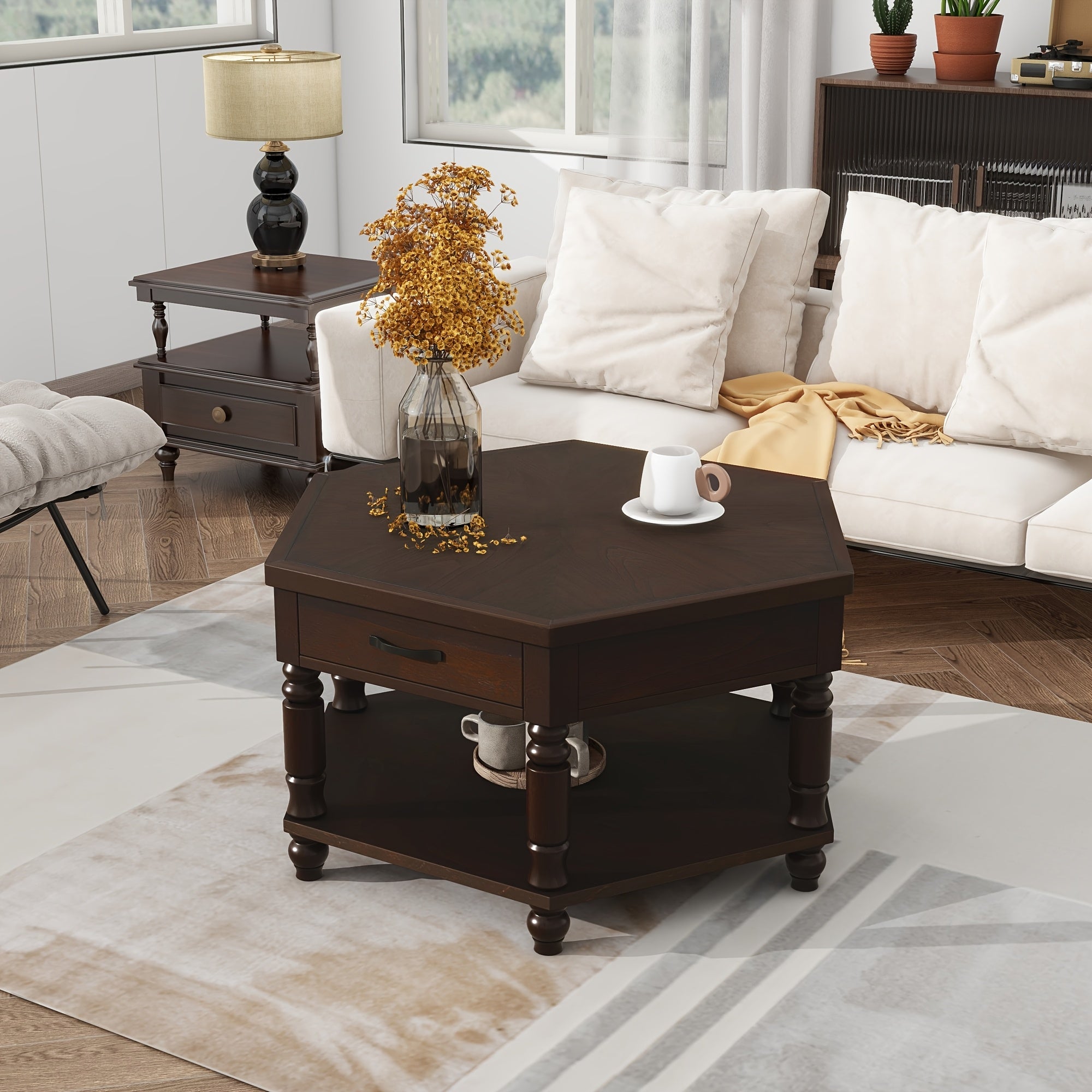 91cm Mid-Century Coffee Table for Living Room And Office, Featuring a Solid Wood Design with a Shelf And Drawer in a 2-Tier Retro Hexagon Style.