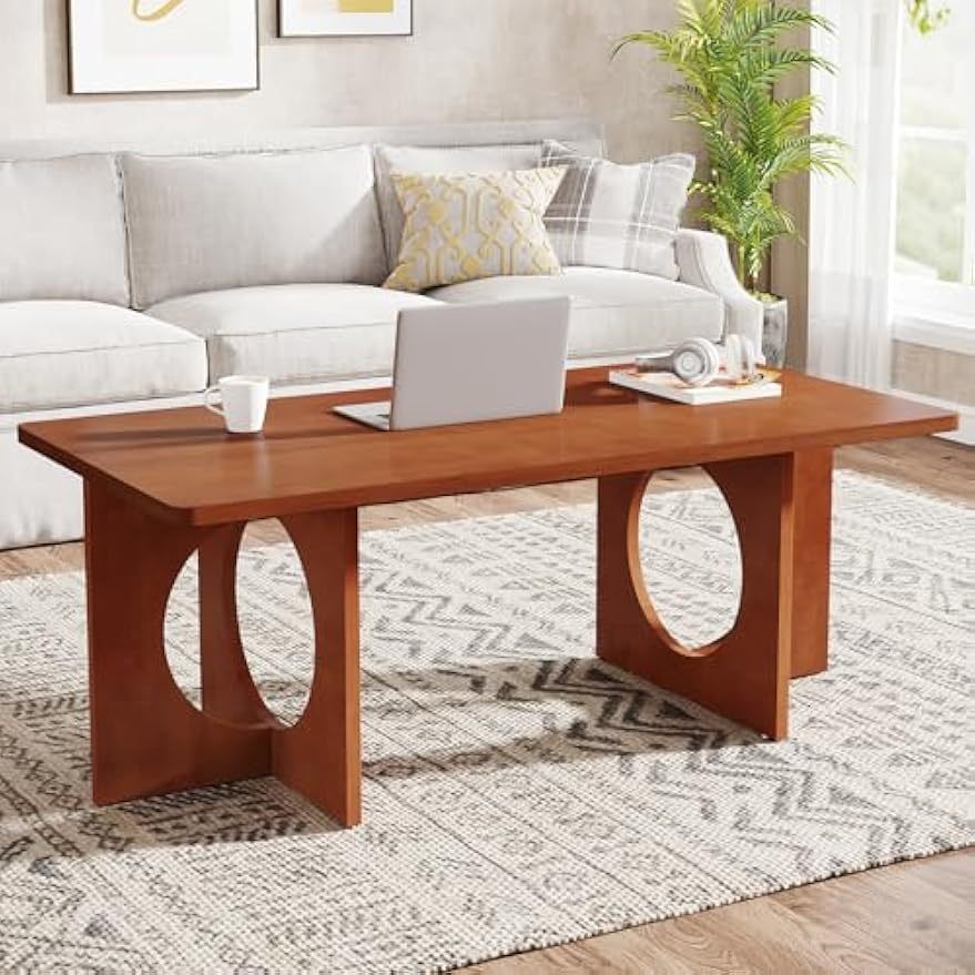 Chic 47" Rectangle Coffee Table with Geometric Base - Heavy-Duty, & Scratch-Resistant Wooden Centerpiece for Living Room