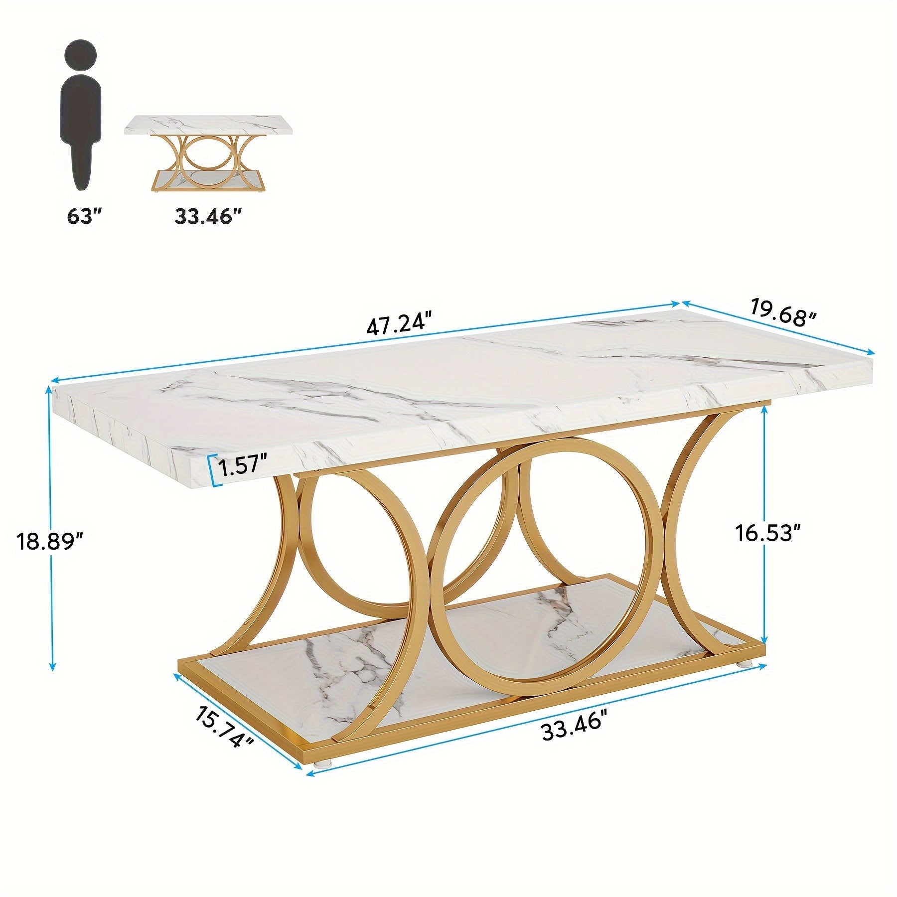 Rectangle Coffee Table, 47.24-inch Modern Coffee Tables for Living Room, 2-Tier Faux Marble Wood Coffee Table with Geometric Legs, Furniture with Storage Shelf