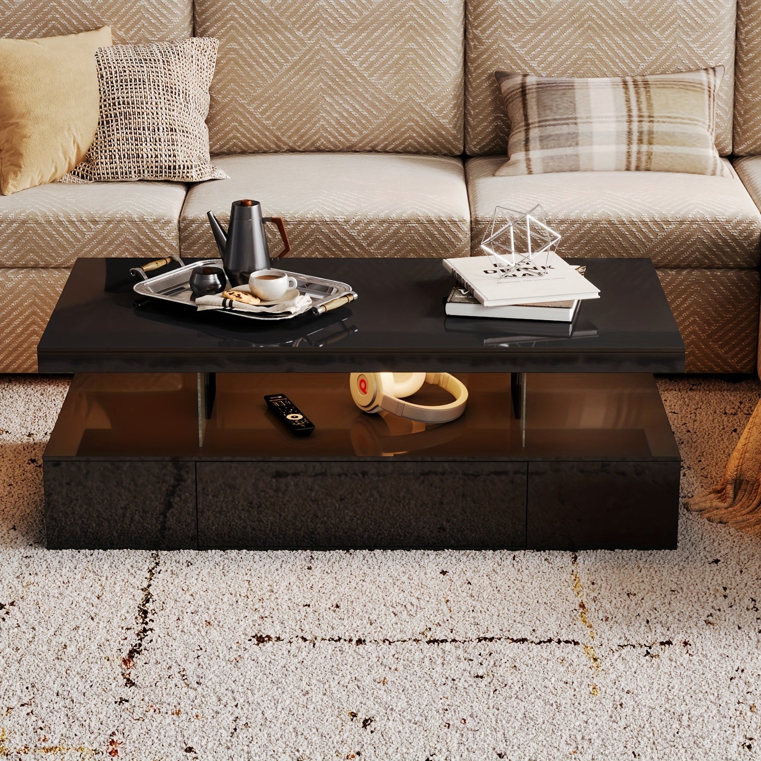 Modern LED Coffee Table With Adjustable Lighting - High-Gloss, Durable Wooden Centerpiece For Living Room & Bedroom, Easy Assembly, Space-Saving Design With Open Storage And Sliding Drawer Coffee Table For Living Room