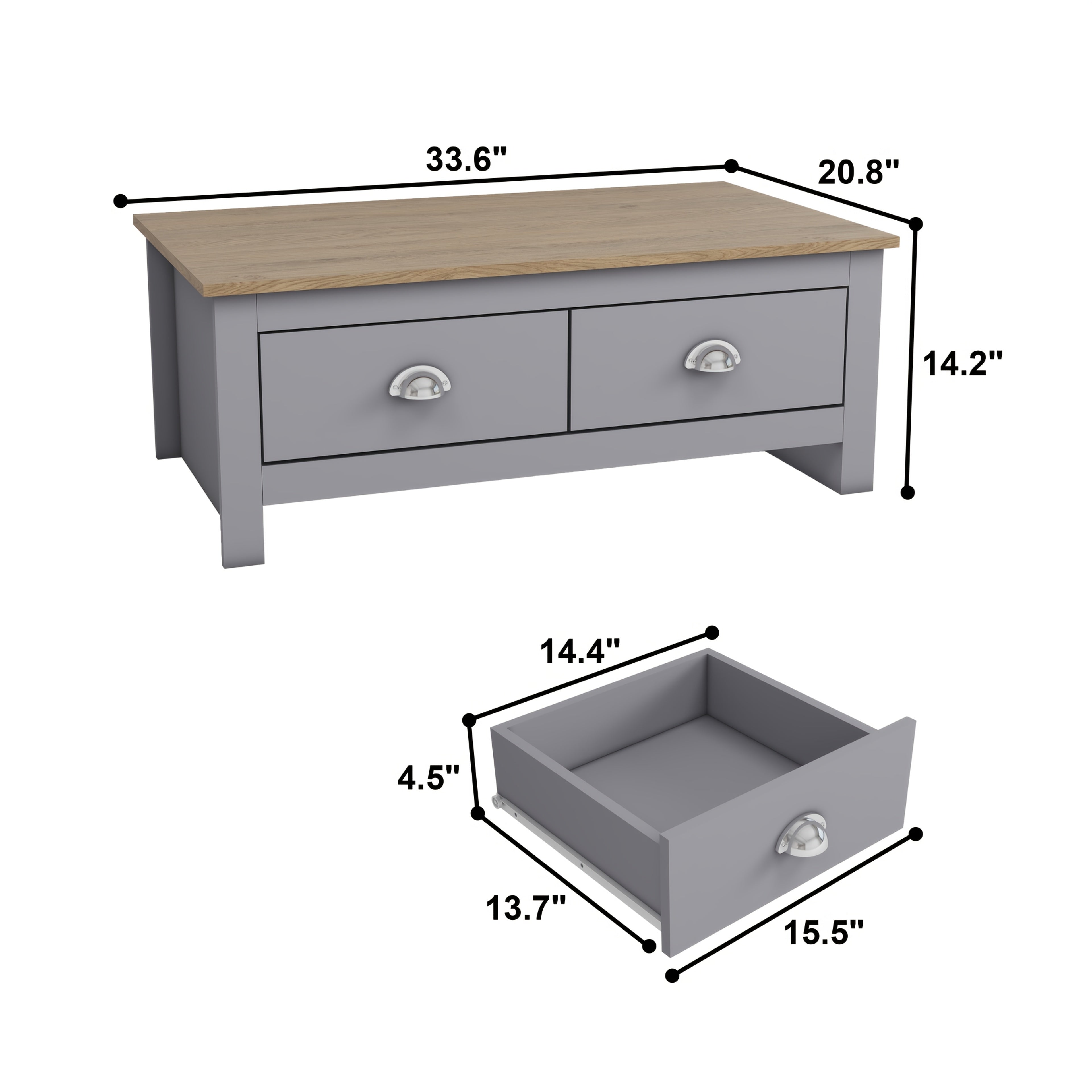 Coffee Table with 2 Drawers Storage, Living Room Wooden Coffee Table, Easy to Assemble, Suitable for Small Space