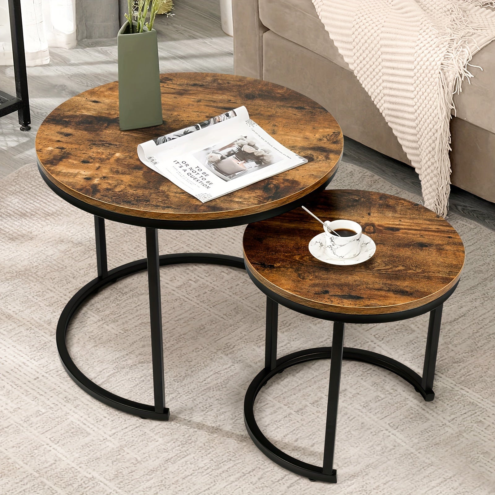 Coffee Tables for Living Room - Small Round Set of 2, Center Table with Solid Wood Grain Table Top and Sturdy Metal Frame, Nesting Tables for Small Spaces, Easy to Assemble