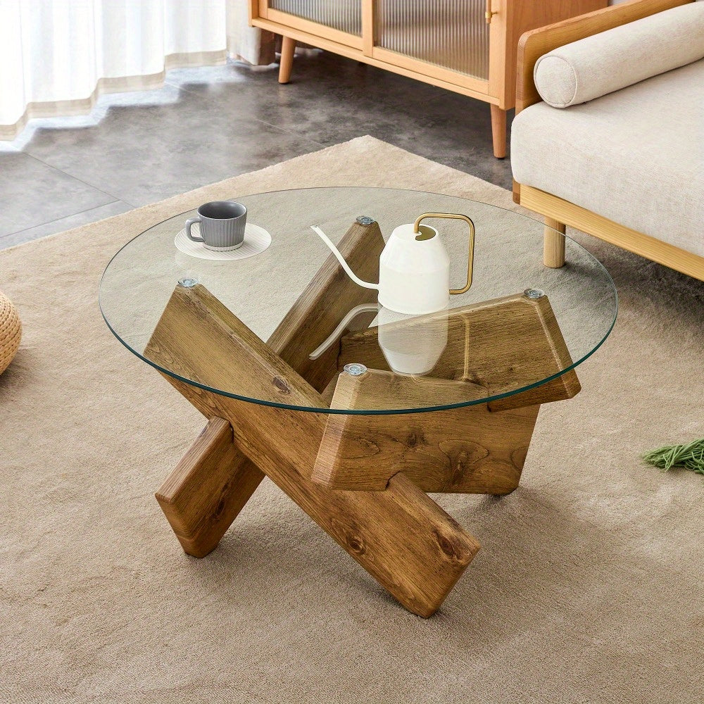 86cm Round Coffee Table, Modern Coffee Table with Tempered Glass Tabletop Suitable for Living Room