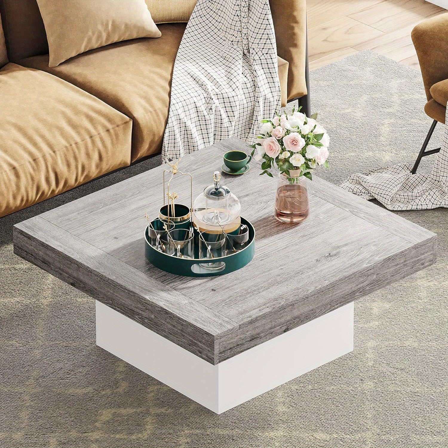 Coffee Table Square LED Coffee Table Engineered Wood Low Coffee Table for Living Room