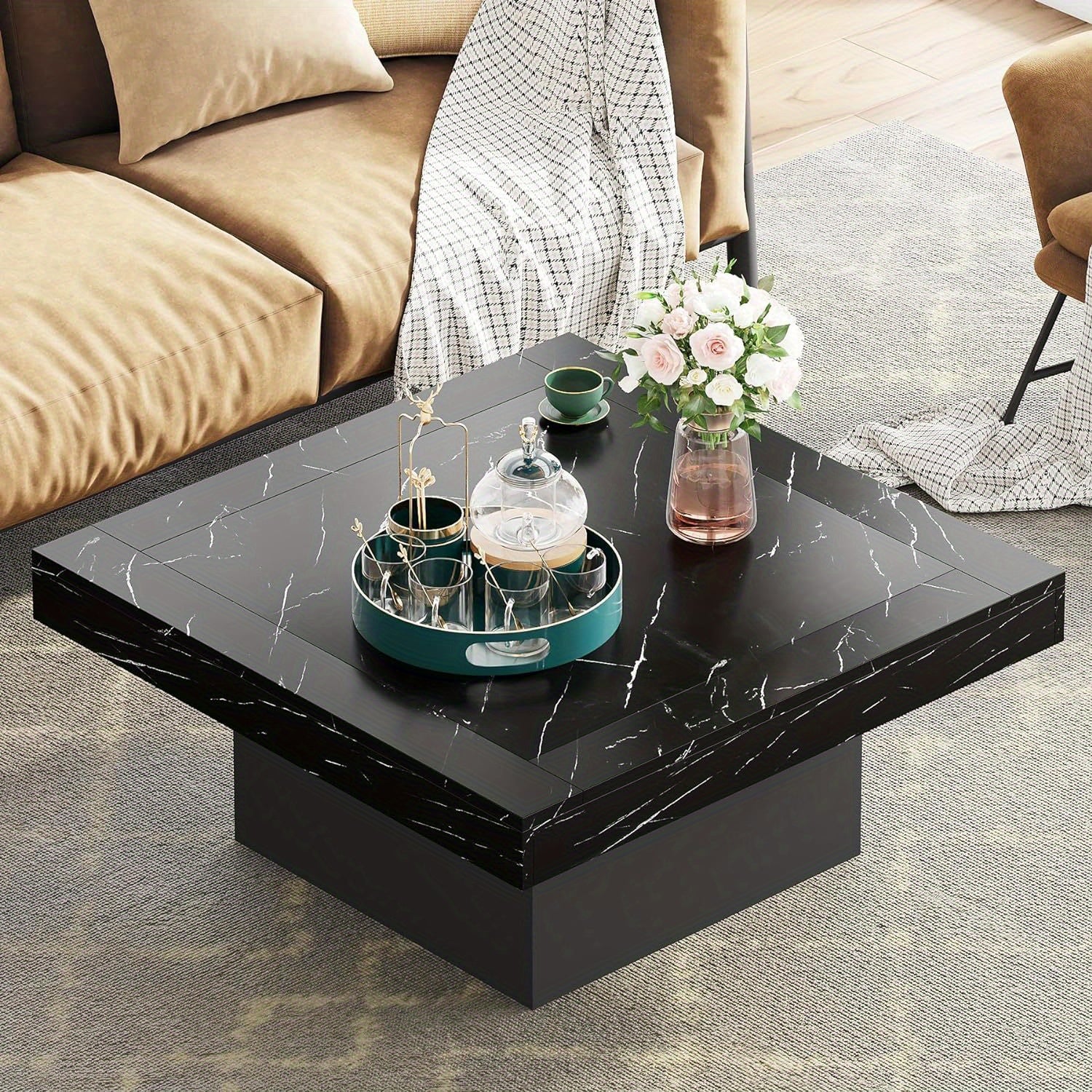 Coffee Table Square LED Coffee Table Engineered Wood Low Coffee Table for Living Room