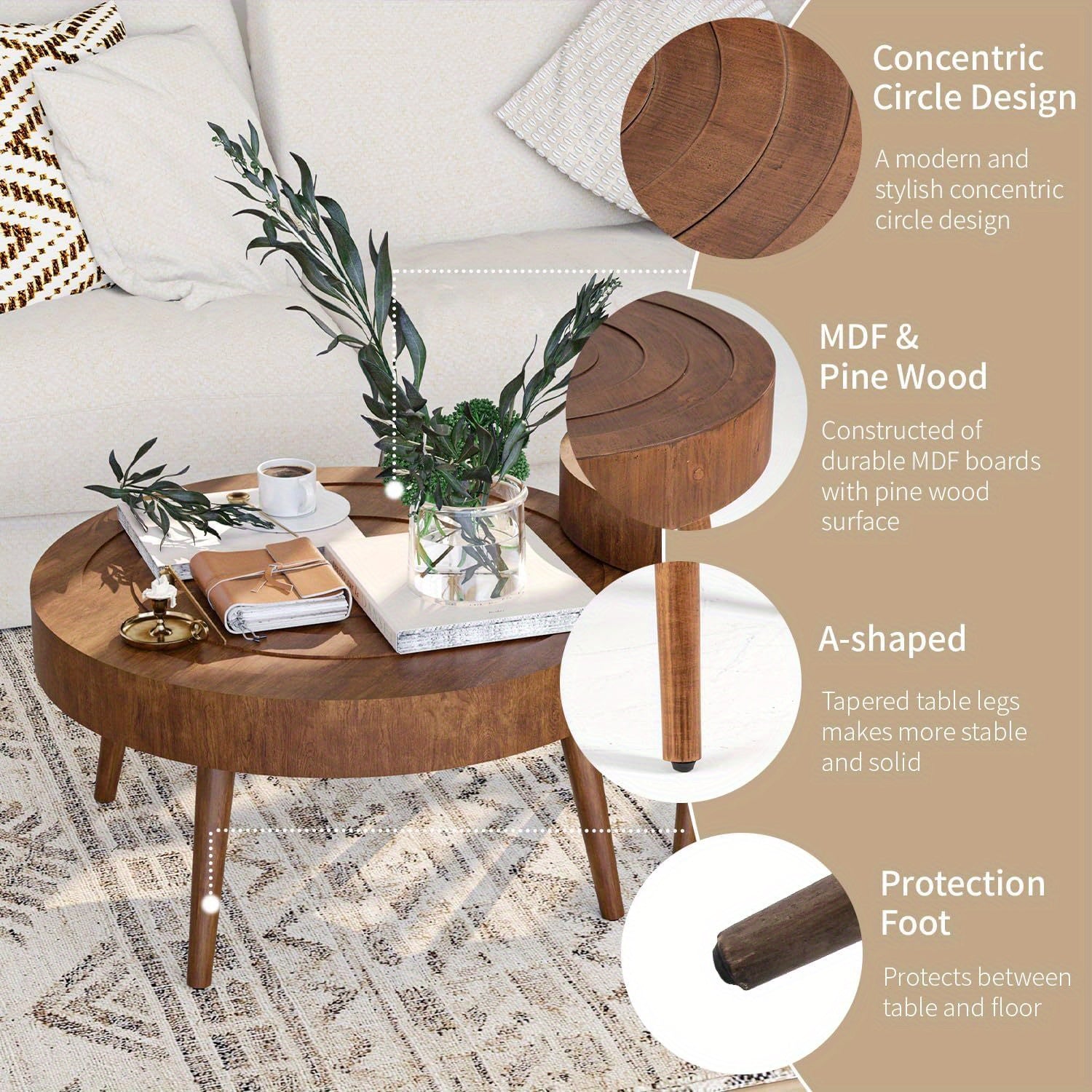 Coffee Table Round 2-Piece, Nesting Coffee Table with Concentric Circle Pattern, Wood Coffee Table Set for Living Room Bedroom, 31.5"x16" and 21.8"x20"