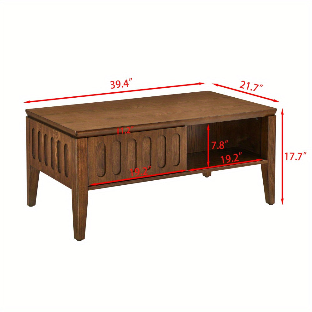 Coffee Table, Mid Century Modern Style Cocktail Table TV Stand with Storage Sliding Door, Stable Floor-Anti-Scratching Pine Leg for Home, Office, Living Room (Walnut)