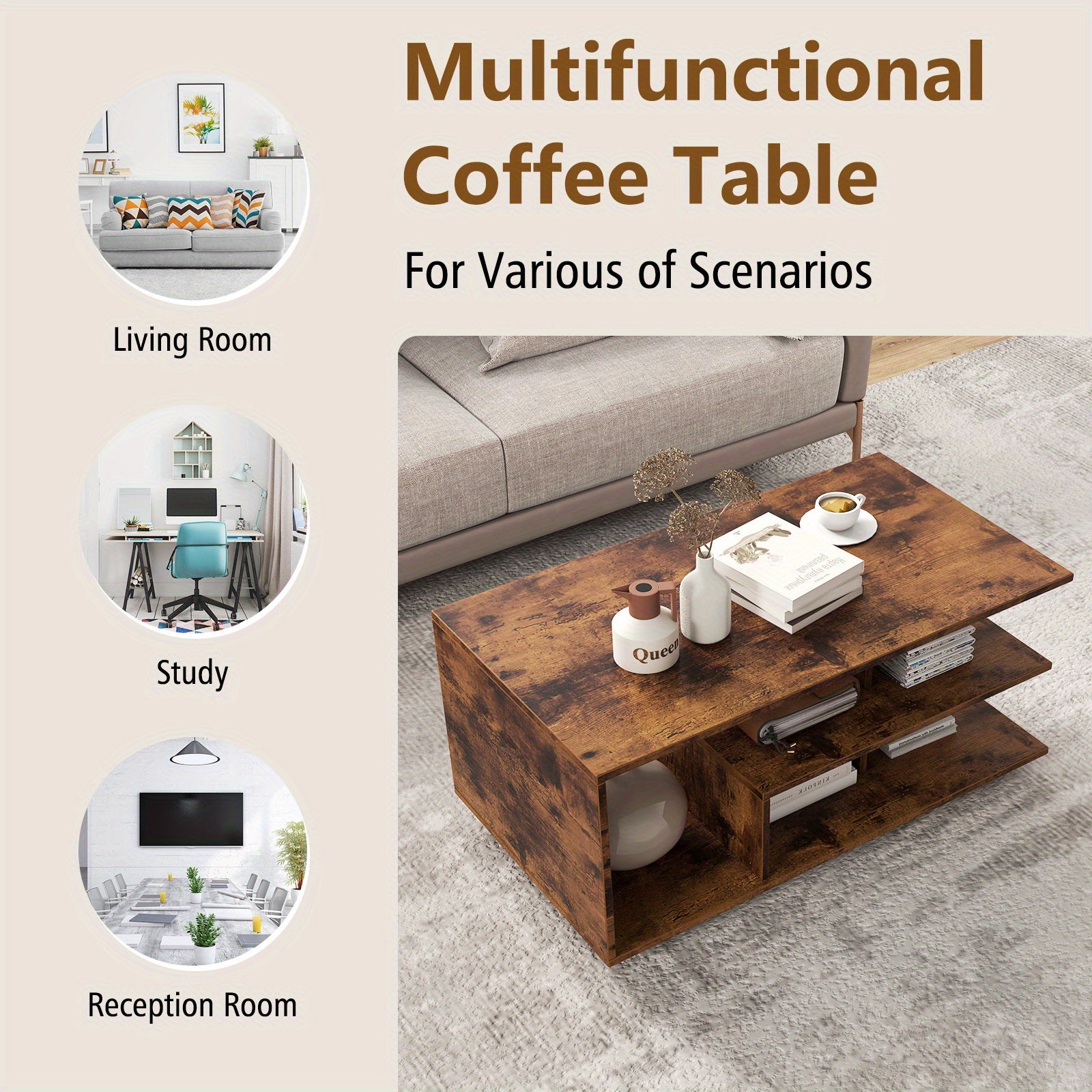 Coffee Table with Storage, Modern Rectangular Center Table with L-shaped Middle Shelf, Versatile 3-Tier Geometric Table for Living Room, Reception Room, Natural and White/Rustic Brown