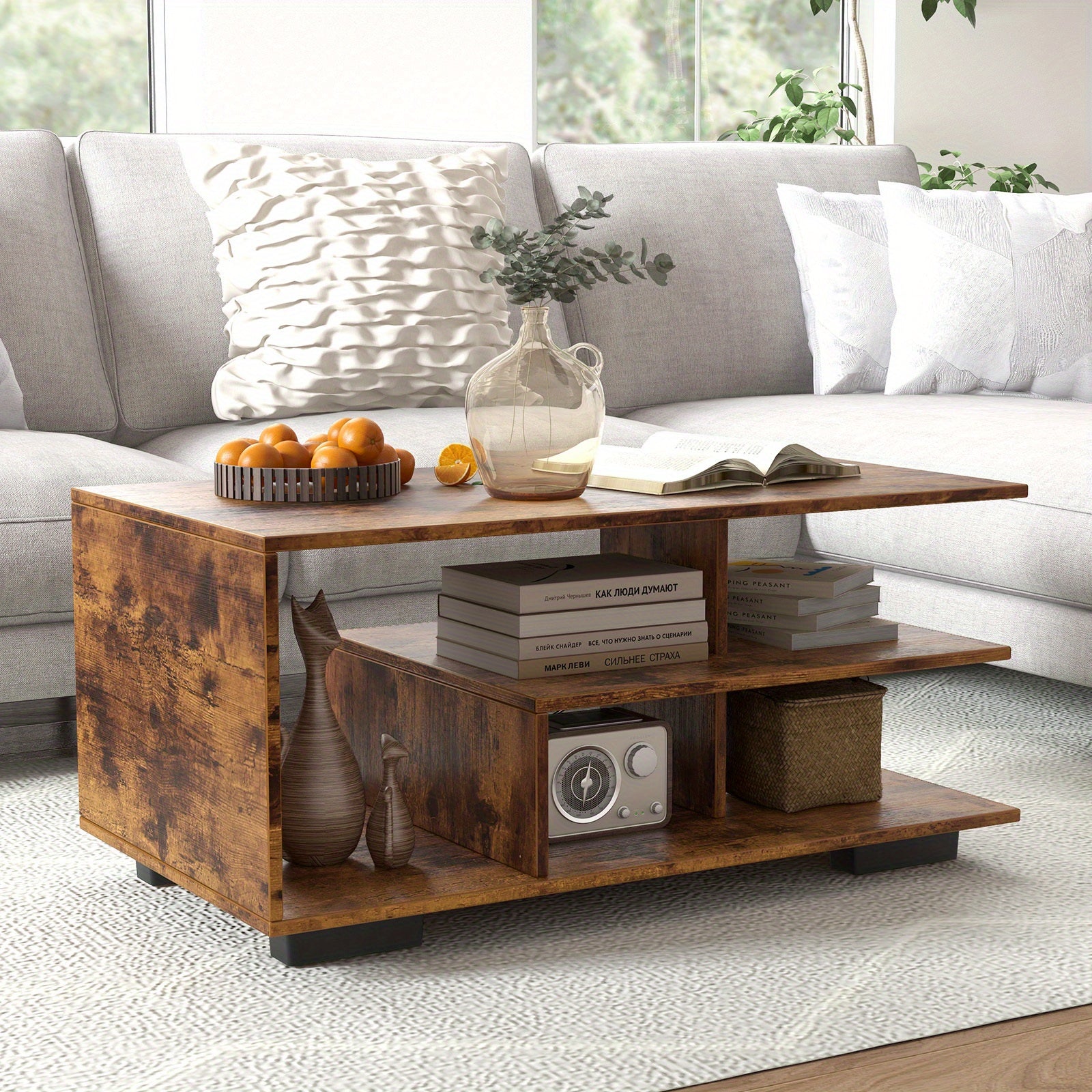 Coffee Table with Storage, Modern Rectangular Center Table with L-shaped Middle Shelf, Versatile 3-Tier Geometric Table for Living Room, Reception Room, Natural and White/Rustic Brown