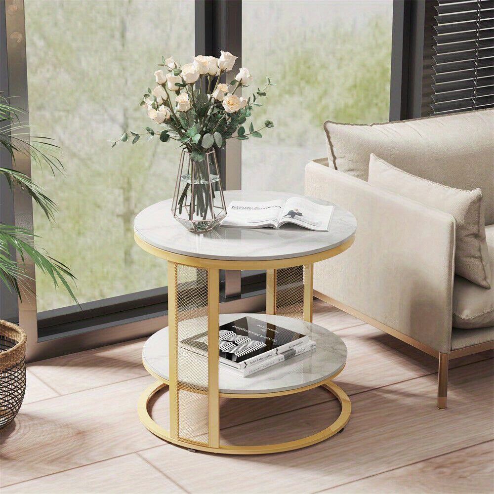 Modern Nordic-Style Round Coffee Table with Marble Top and Metal Frame - Perfect for Living Room, Bedroom, or Home Office Decor