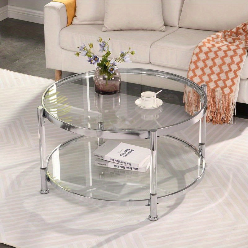 Contemporary Acrylic Coffee Table, 32.3FTFT Round Tempered Glass Coffee Table, Chrome/ Silver Coffee Table for Living Room