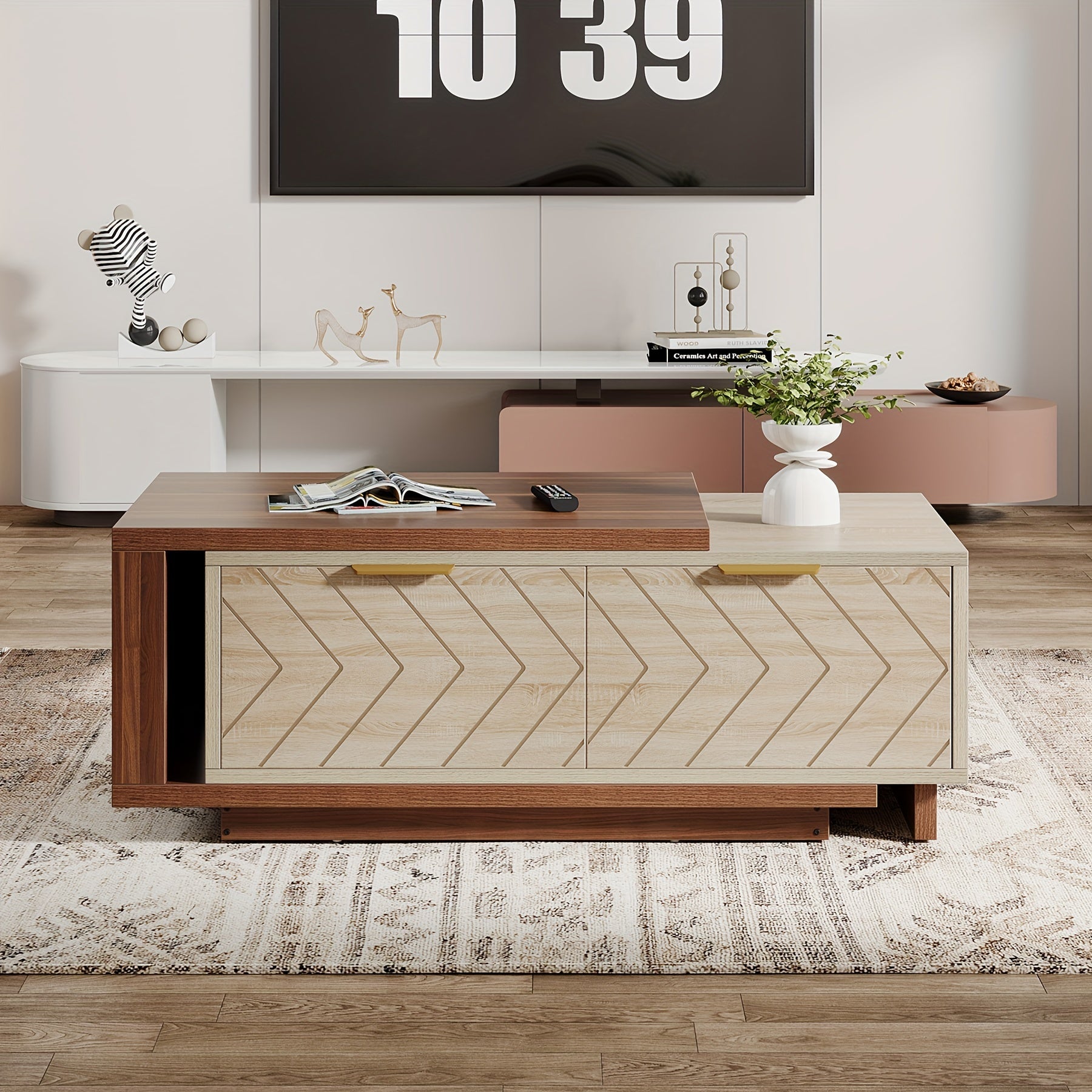 Expandable Wooden Coffee Table With Dual Storage Drawers, Featuring Dual-Tone Centerpiece & Sliding Tabletop, Versatile Hidden Compartment Rectangle Cocktail Table Ideal For Living Spaces