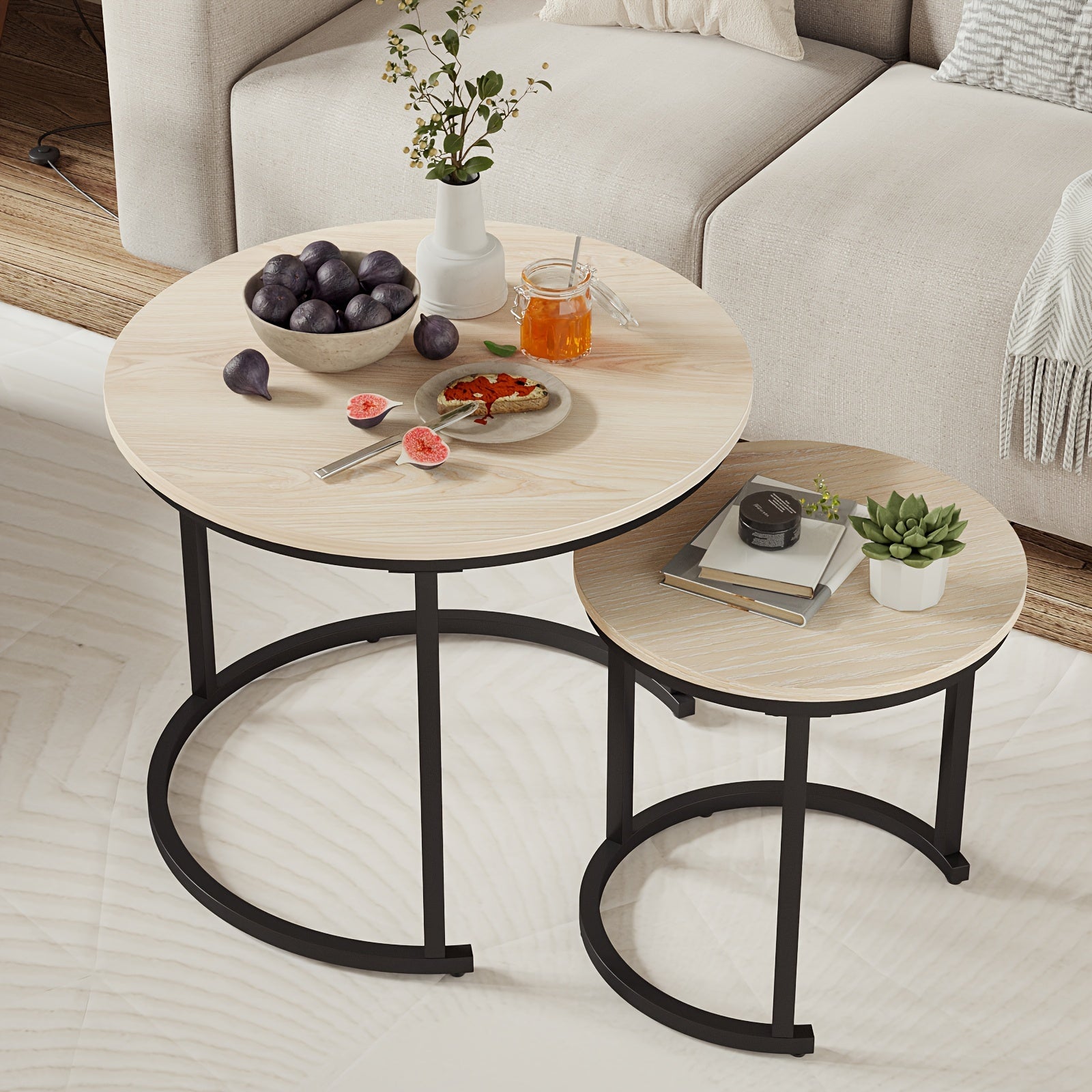 Coffee Tables for Living Room - Small Round Set of 2, Center Table with Solid Wood Grain Table Top and Sturdy Metal Frame, Nesting Tables for Small Spaces, Easy to Assemble