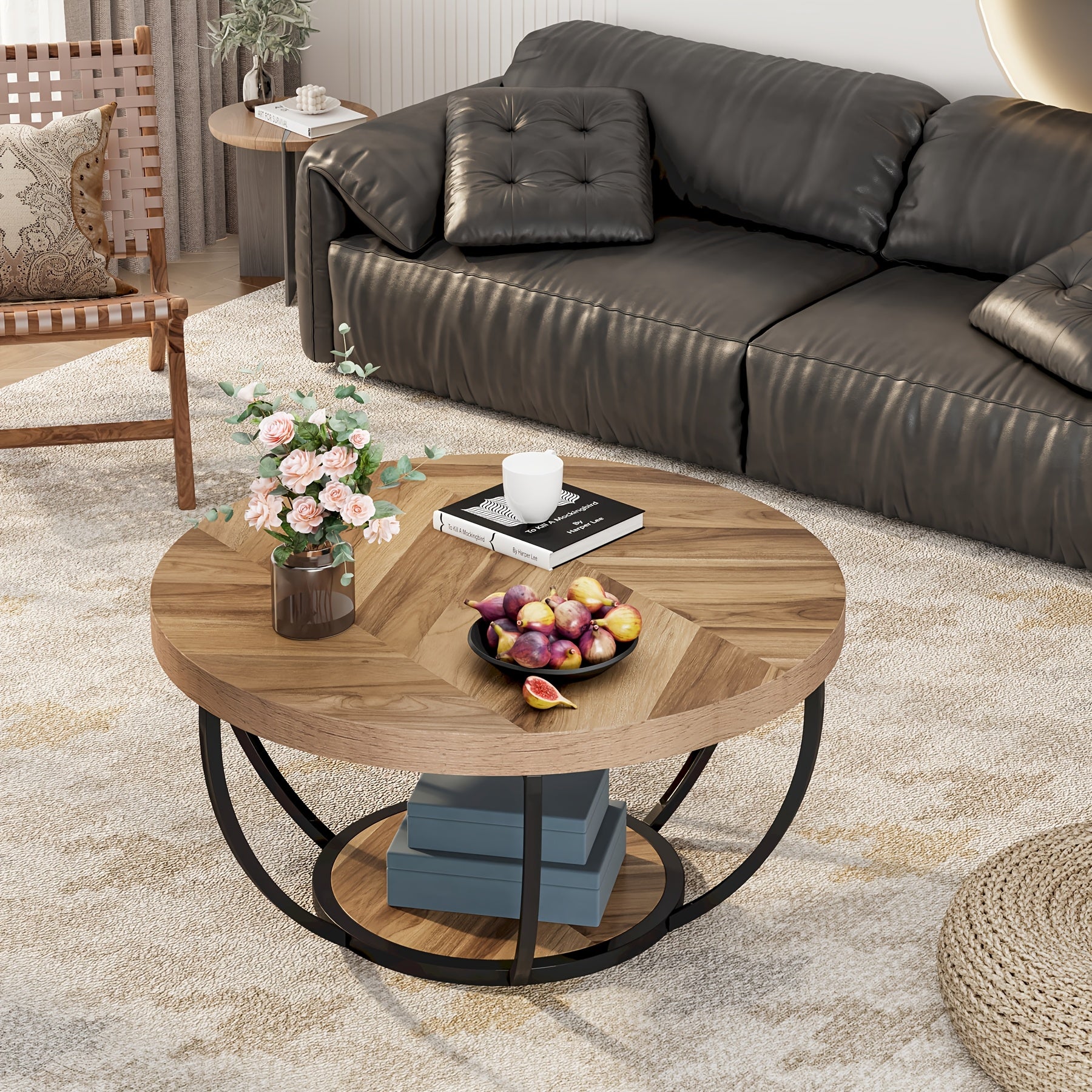 Round Coffee Table, 32" Circle Coffee Table For Living Room, 2-Tier Wood Accent Center Table With Open Storage Modern Design Home Furniture (Wood Grain And Black)