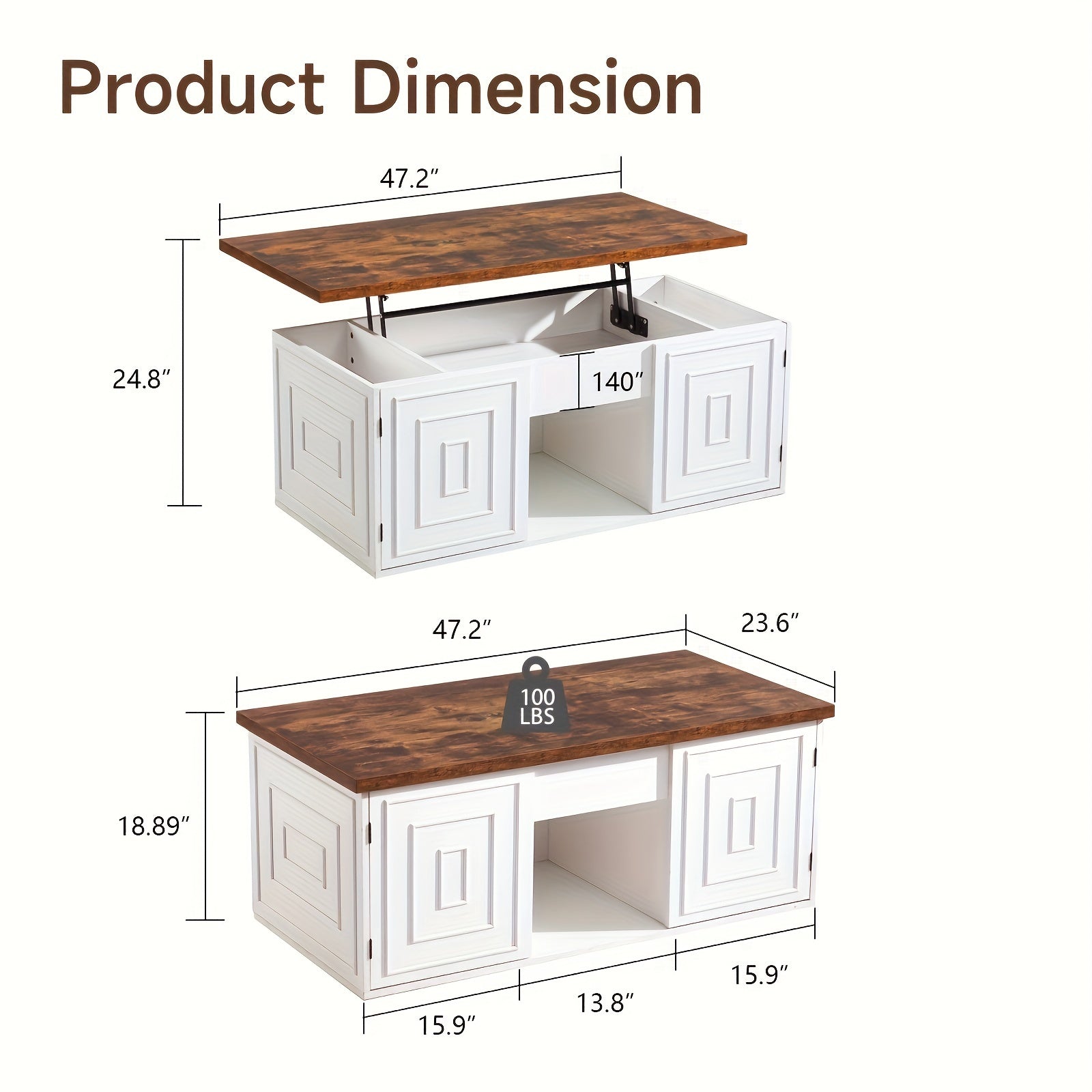 Coffee Table With Storage, 122cm Square Coffee Table For Living Room, And White Lift Top Coffee Table Suitable For Work And Drinking, Rustic Brown