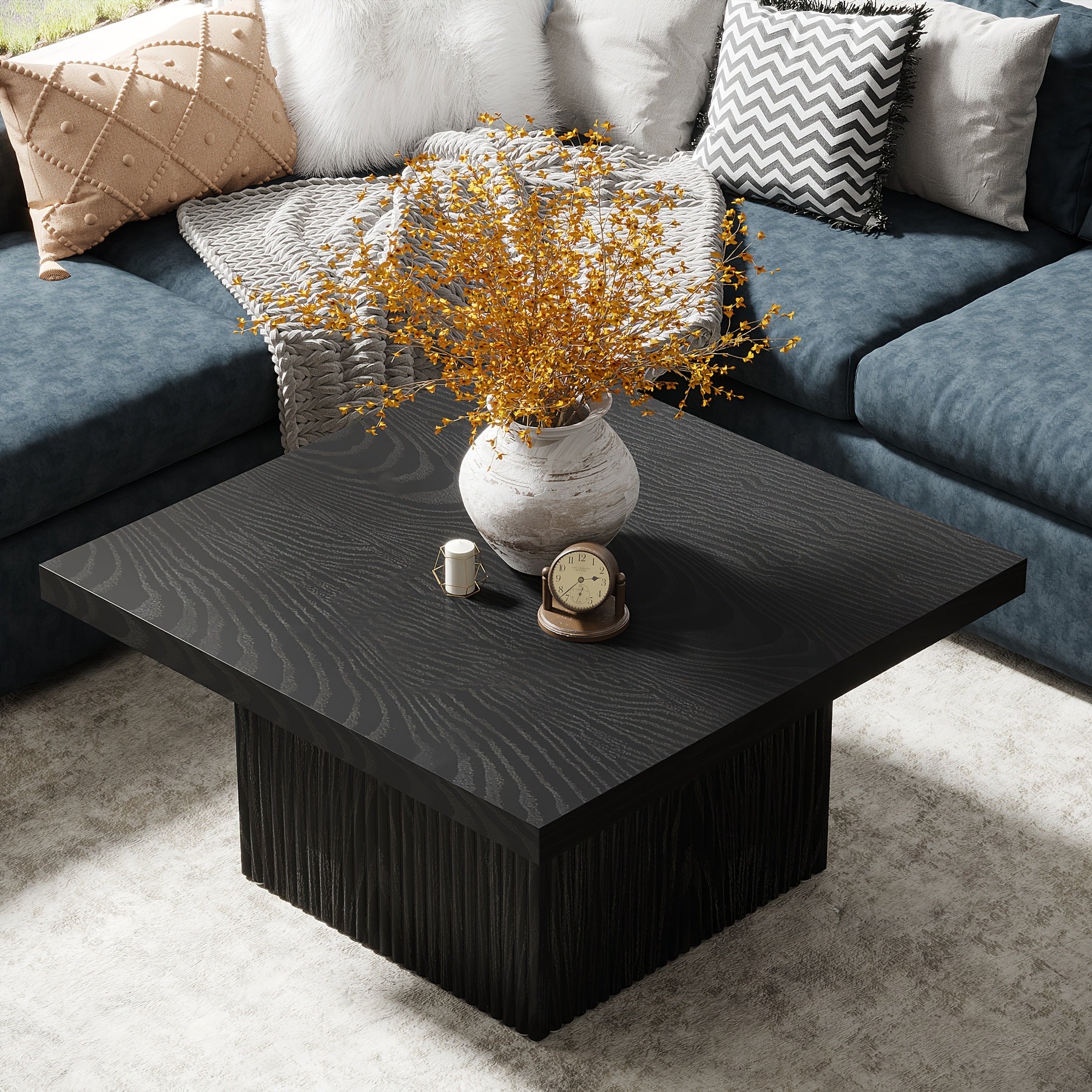 Chic Black Square Coffee Table - 82cm Mid-Century Modern Design with Fluted Detail, Durable MDF Construction, Perfect for Living Room or Office