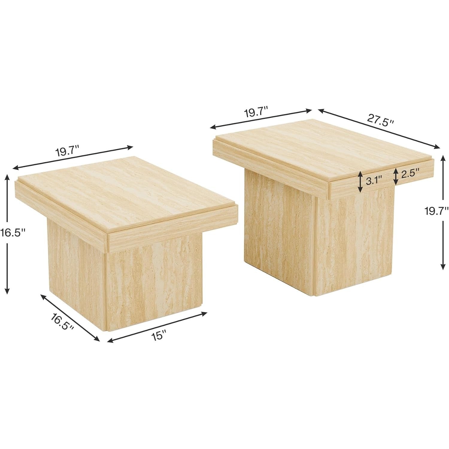 Wood Square Coffee Table, Small Side Table Set of 2, 2pcs Nesting Low Center Tables, Modern Accent Table, Faux Marble End Tables for Home Living Room Apartment Small Spaces, Beige Cream