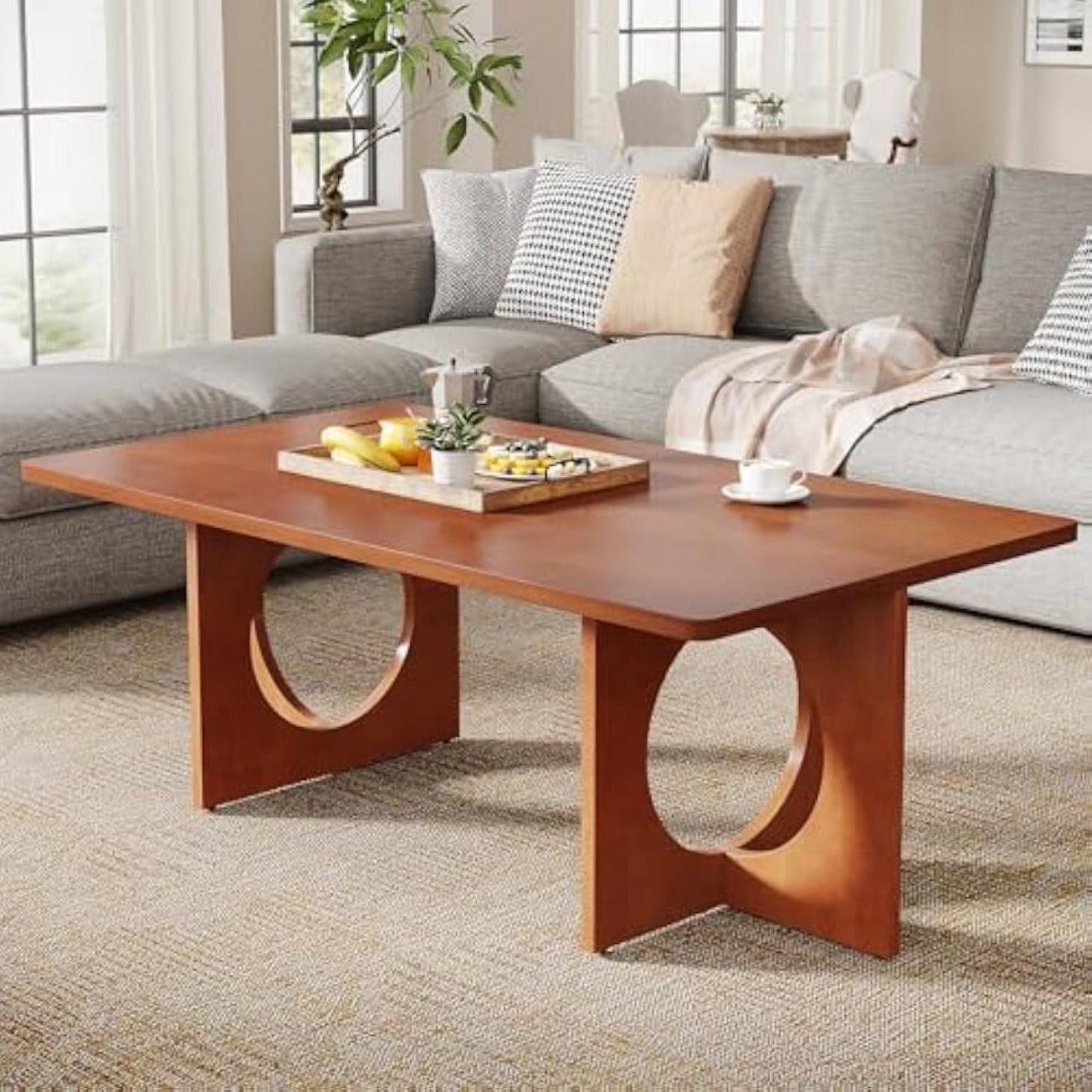 Chic 47" Rectangle Coffee Table with Geometric Base - Heavy-Duty, & Scratch-Resistant Wooden Centerpiece for Living Room