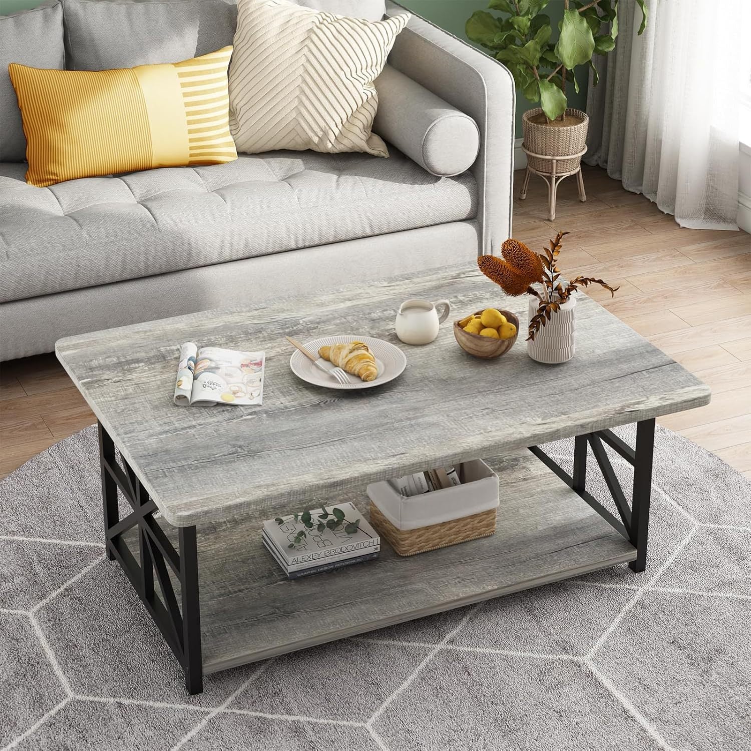 Coffee Table for Living Room, Faux Marble 2-Tier Coffee Table with MDF Broad & Metal Frame, Farmhouse Style Rectangular Center Table for Small Space, Space Saving Tea Table for Bedroom, Kitchen, Office