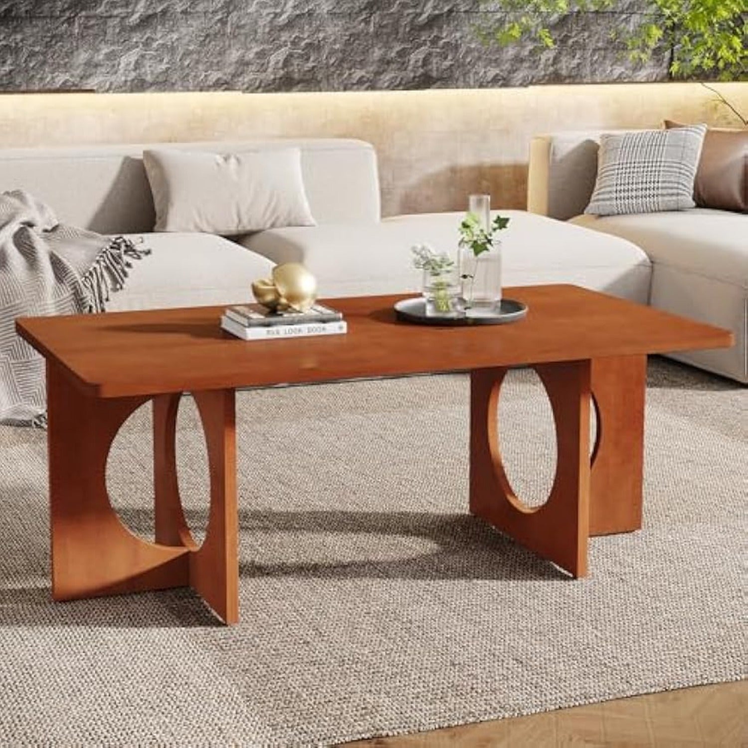 Chic 47" Rectangle Coffee Table with Geometric Base - Heavy-Duty, & Scratch-Resistant Wooden Centerpiece for Living Room