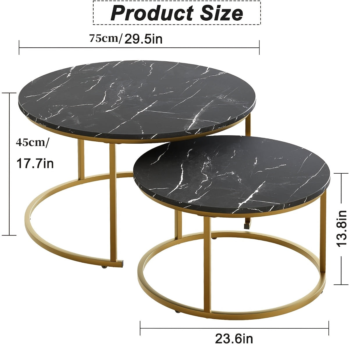 2pcs Nesting Coffee Table Set, Modern Round Coffee Tables for Living Room, Balcony, Office, Circle Table Accent End Side Table with Sturdy Golden Metal Frame, Easy Assembly