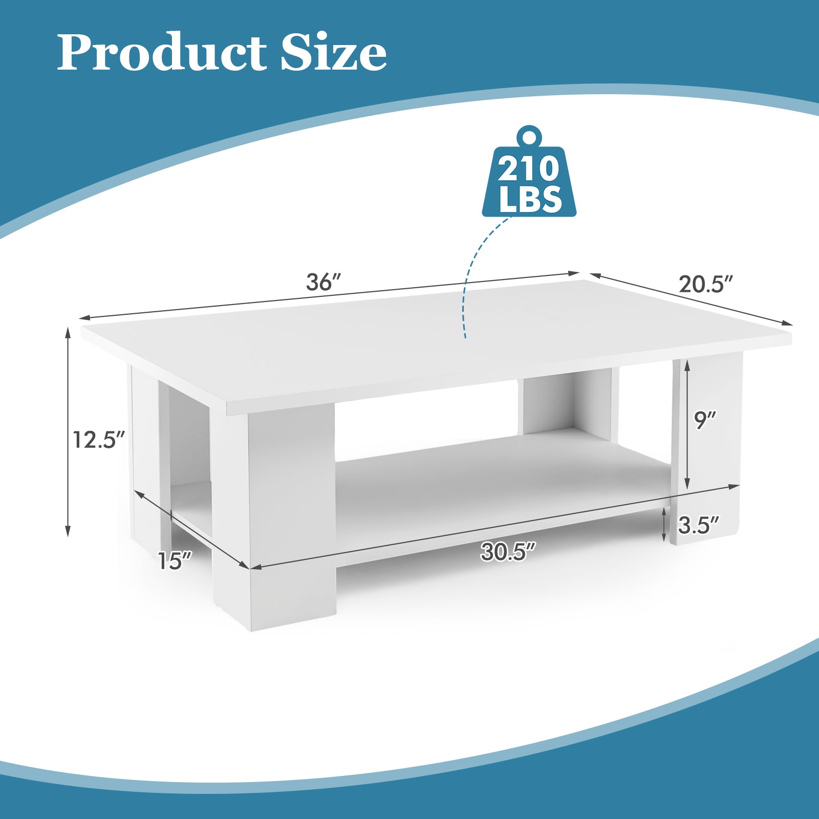 Coffee Table, Modern 2-Tier Center Table with Open Storage Shelf, Rectangular Cocktail Table with 5 Support Legs, Wooden Accent Living Room Furniture, White