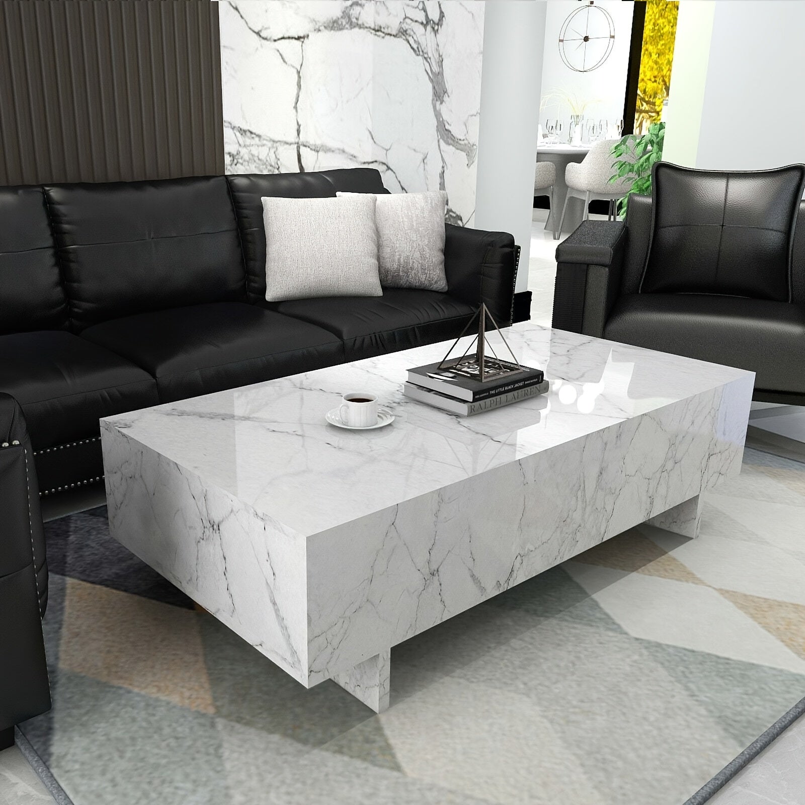 104cm Marble White Cool Coffee Table For Living Room, Rectangular Glossy Smart Contemporary Center Table For Waiting Area