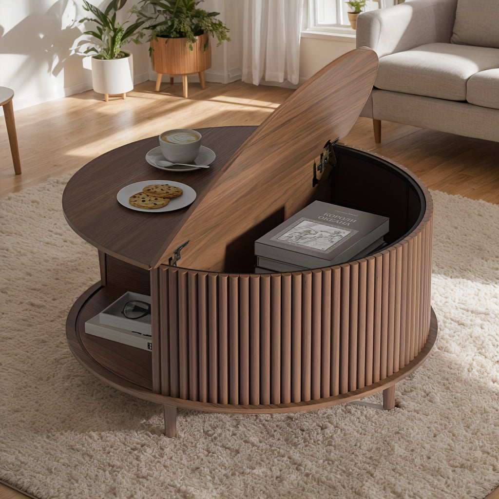 Round Coffee Table With Storage, Mid Century Modern Coffee Table With Sliding Cabinet Door, Coffee Table For Living Room, 31.5" Small Center Table (Walnut)