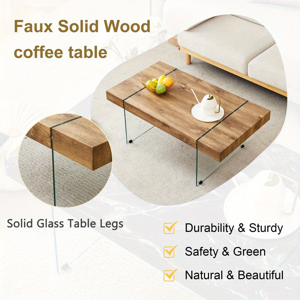 Coffee Table, Rectangle Faux Marble Coffee Table With Tempered Glass Legs, Tea Table Suitable for Living Room, Dining Room, Home Décor w/ Faux Marble Top