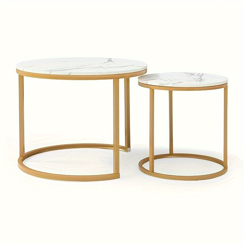 Coffee Table Nesting White And Gray Top Golden Frame Circular Round And Marble Pattern Wooden Tables, Living Room Bedroom Apartment Modern Industrial Simple Nightstand.