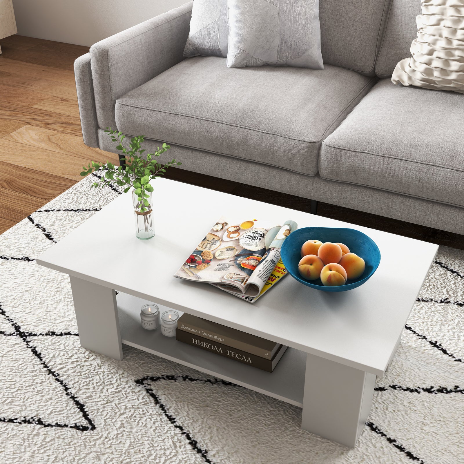 Coffee Table, Modern 2-Tier Center Table with Open Storage Shelf, Rectangular Cocktail Table with 5 Support Legs, Wooden Accent Living Room Furniture, White