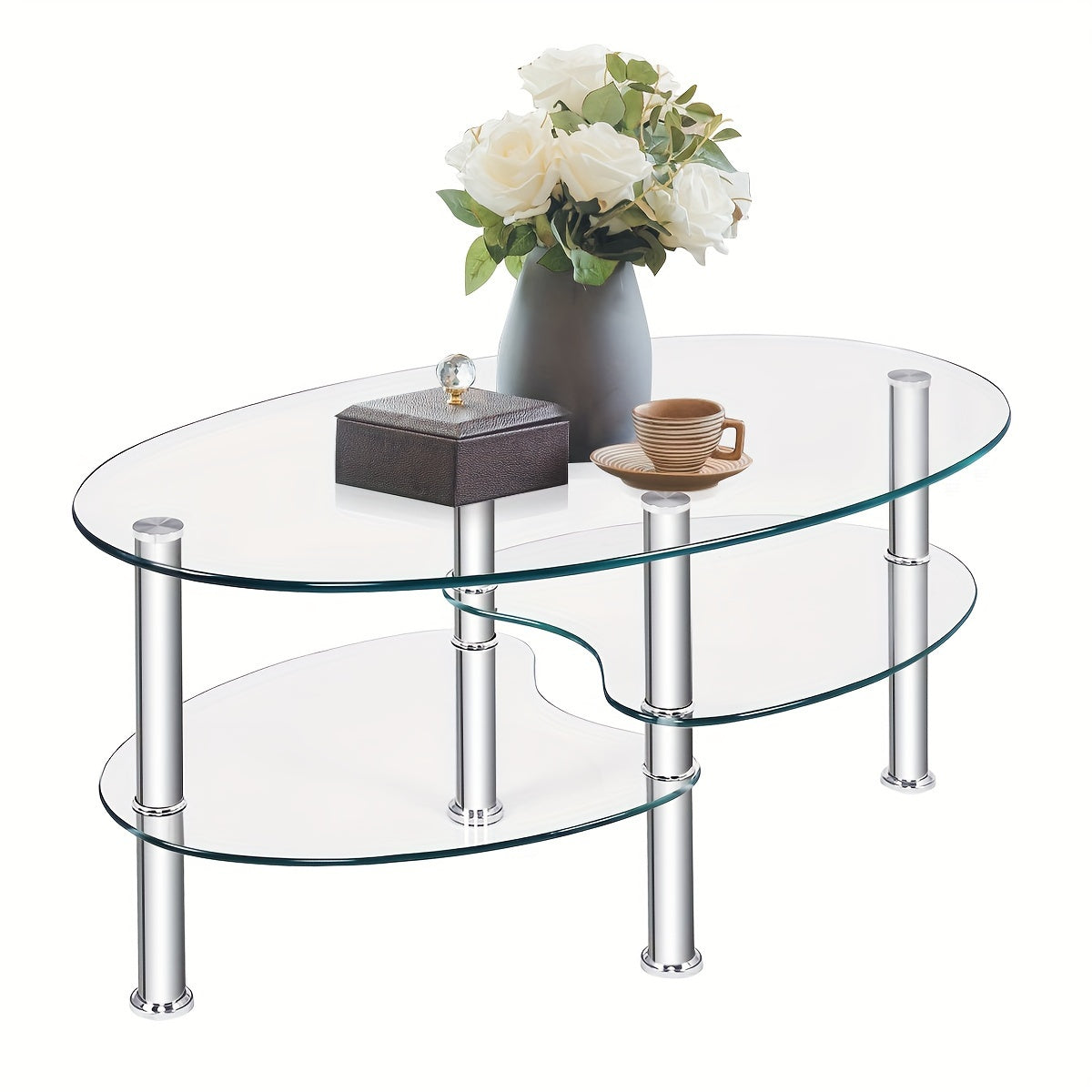 1pc Tempered Glass Oval Side Coffee Table Shelf Chrome Base Living Room Clear New