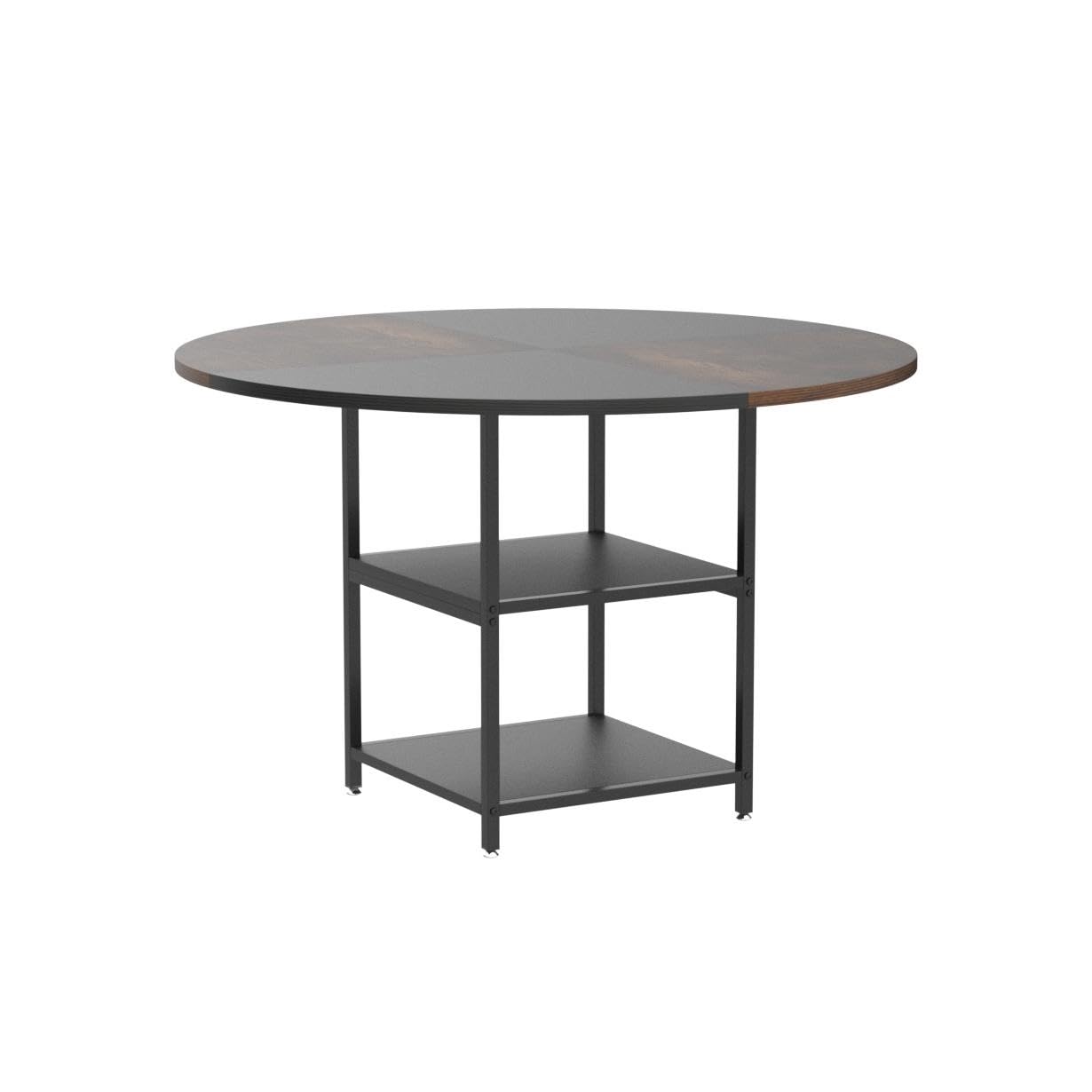 120cm Round Dining Table for 4, Wood Kitchen Table Large Dinner Table with Storage Shelf Metal Legs for Home Dining Room Living Room, Black Rustic Brown(Only Table)