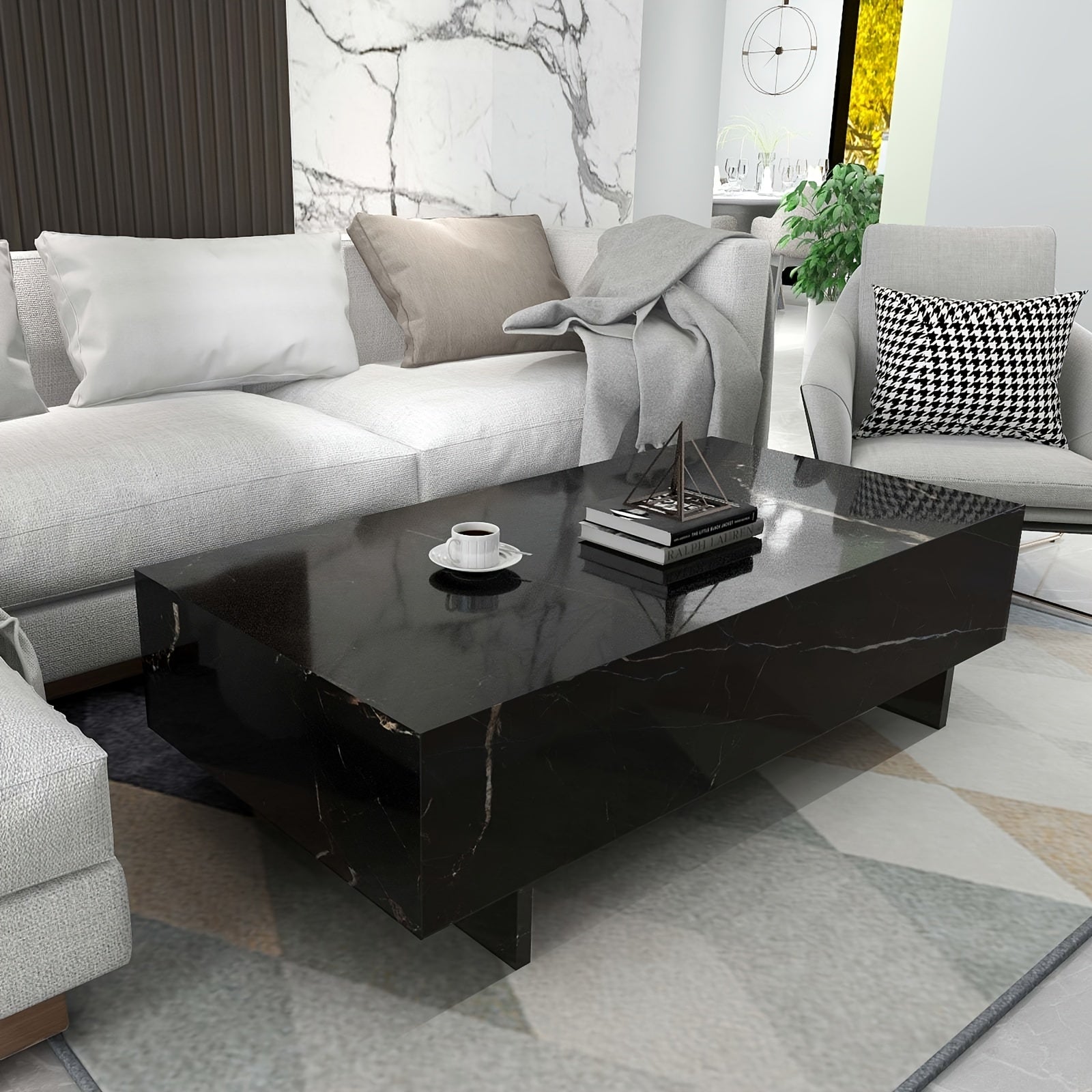 104cm Marble White Cool Coffee Table For Living Room, Rectangular Glossy Smart Contemporary Center Table For Waiting Area