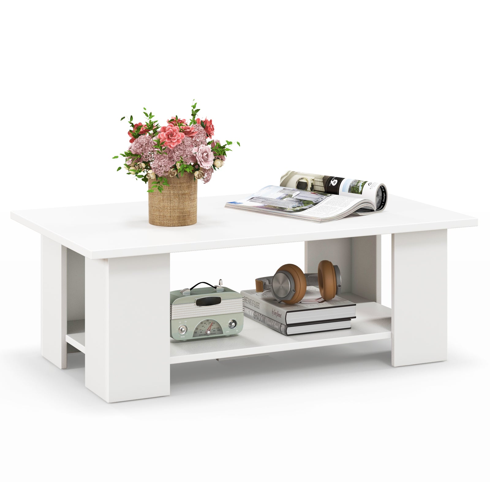 Coffee Table, Modern 2-Tier Center Table with Open Storage Shelf, Rectangular Cocktail Table with 5 Support Legs, Wooden Accent Living Room Furniture, White