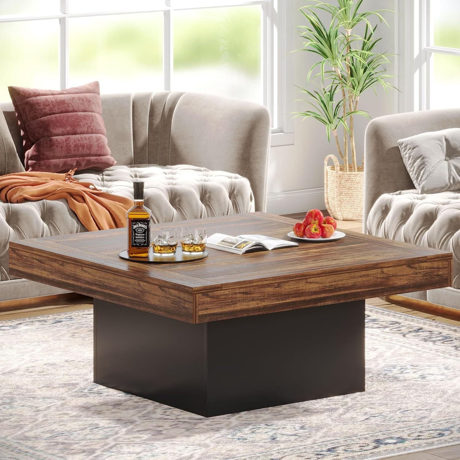 Coffee Table Square LED Coffee Table Engineered Wood Low Coffee Table for Living Room (Grey+White), Storage Racks for garage