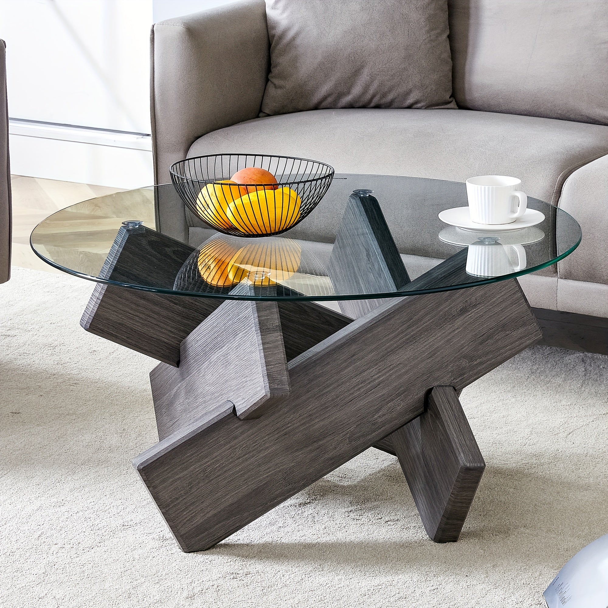 Round Glass Top Coffee Tables For Living Room, 33.4 Inch Rustic Farmhouse Center Table, Mid Century Circle Cocktail Table With Gray Wood Crossed Legs, Characteristic Furniture