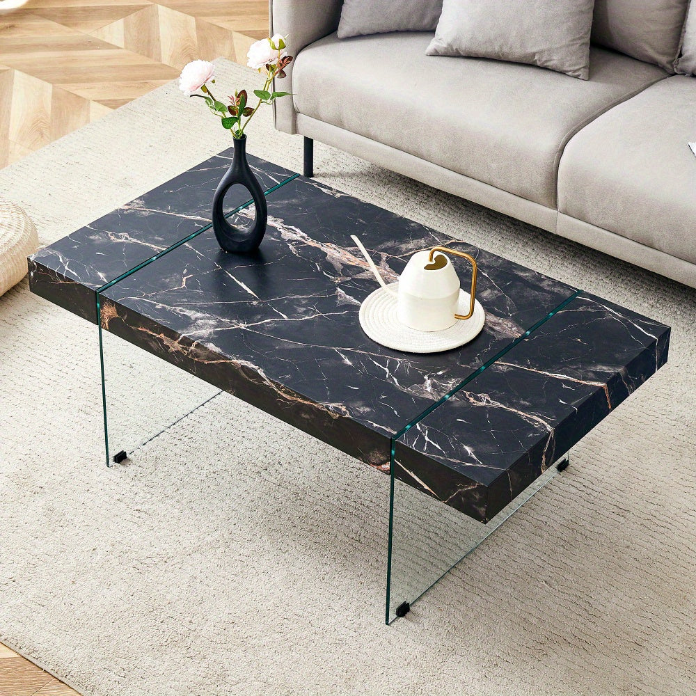 Coffee Table, Rectangle Faux Marble Coffee Table With Tempered Glass Legs, Tea Table Suitable for Living Room, Dining Room, Home Décor w/ Faux Marble Top