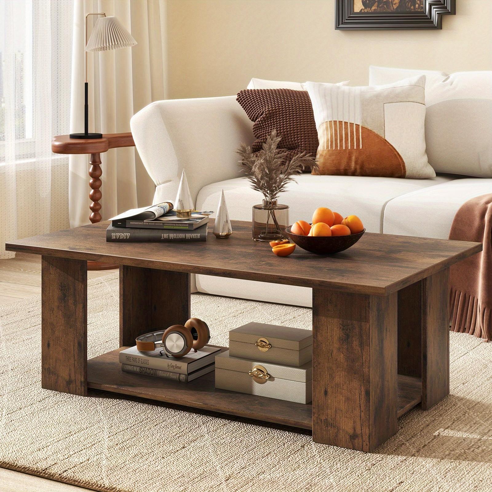 Classic Coffee Table with Storage Shelf, 2-Tier Rectangular Center Table for Living Room, Wood and Particle Board Construction, No Electricity Needed, Hardwood Series