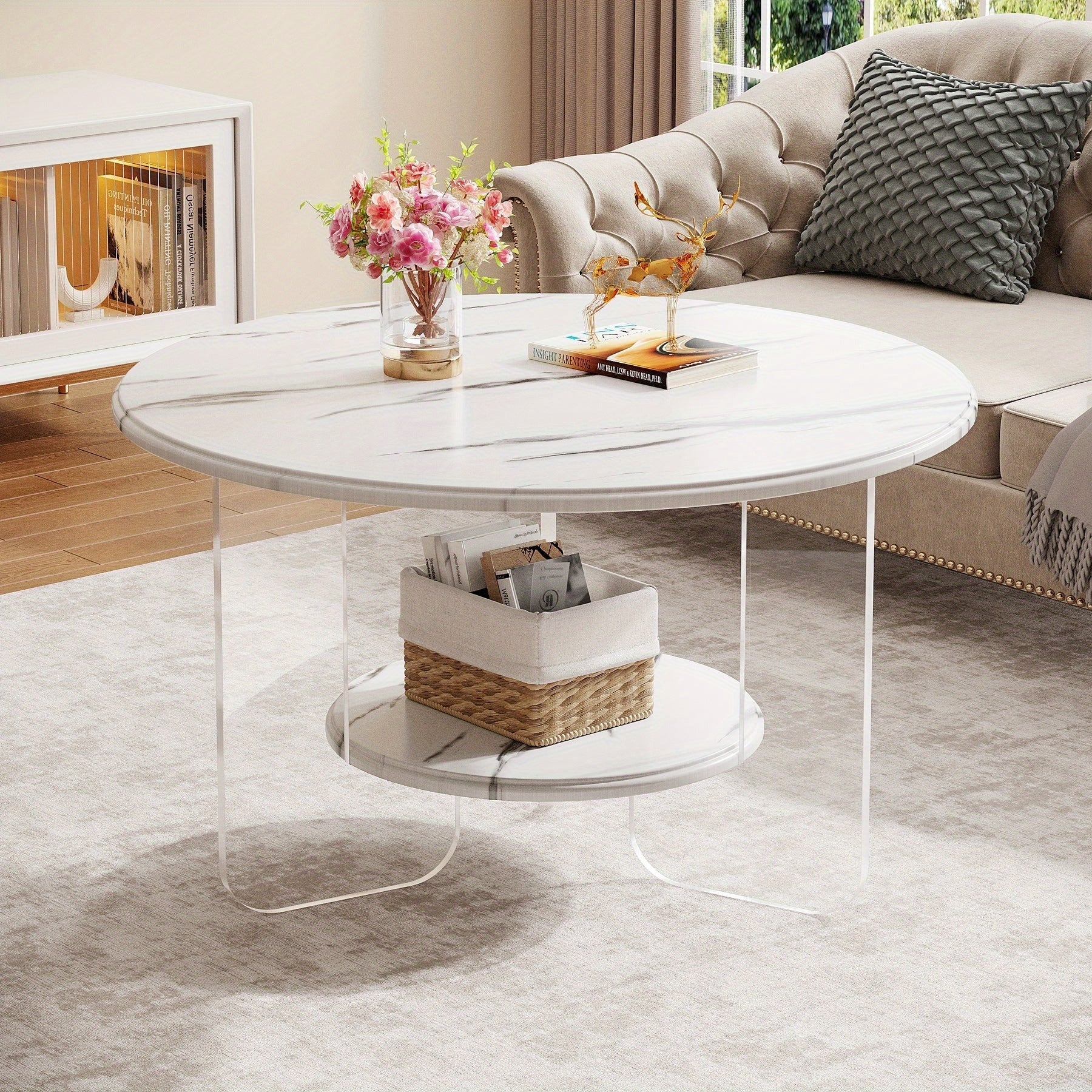 Chic 80cm Coffee Table with Faux Marble Top & Dual-Tier Clear Acrylic Frame - Durable Wood Construction