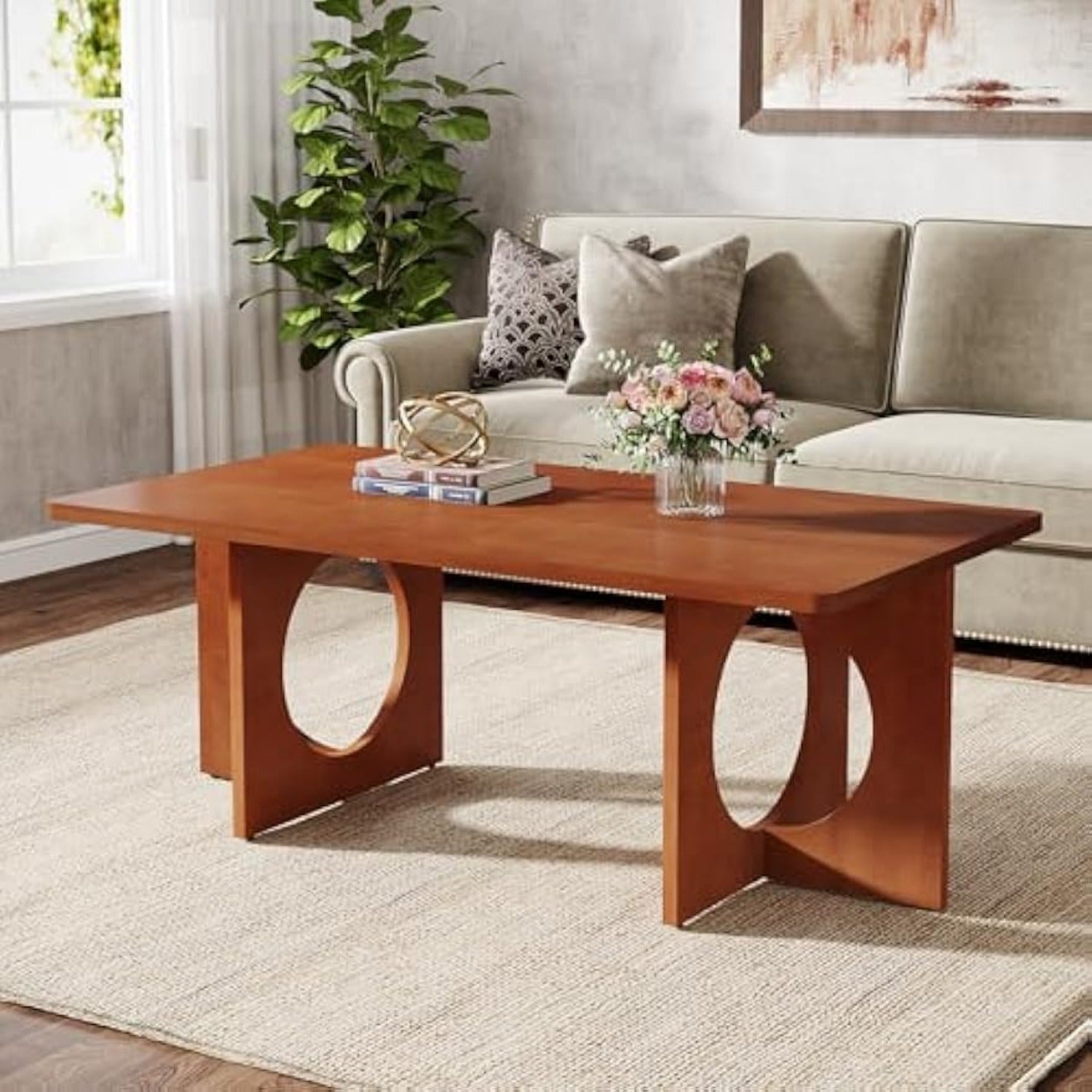 Chic 47" Rectangle Coffee Table with Geometric Base - Heavy-Duty, & Scratch-Resistant Wooden Centerpiece for Living Room