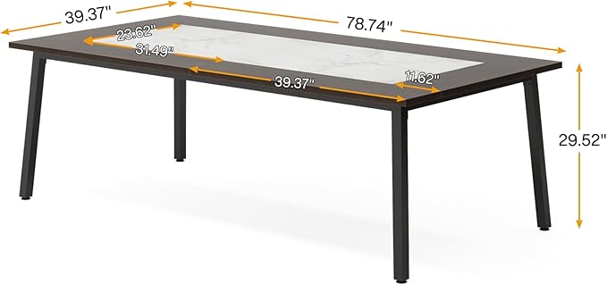 200cm-Dining Table for 8-10 People, Modern Large Kitchen Table Dining Room Table for Living Room, Kitchen, Rectangular Dinner Table with Metal Frame, Dark Brown and White