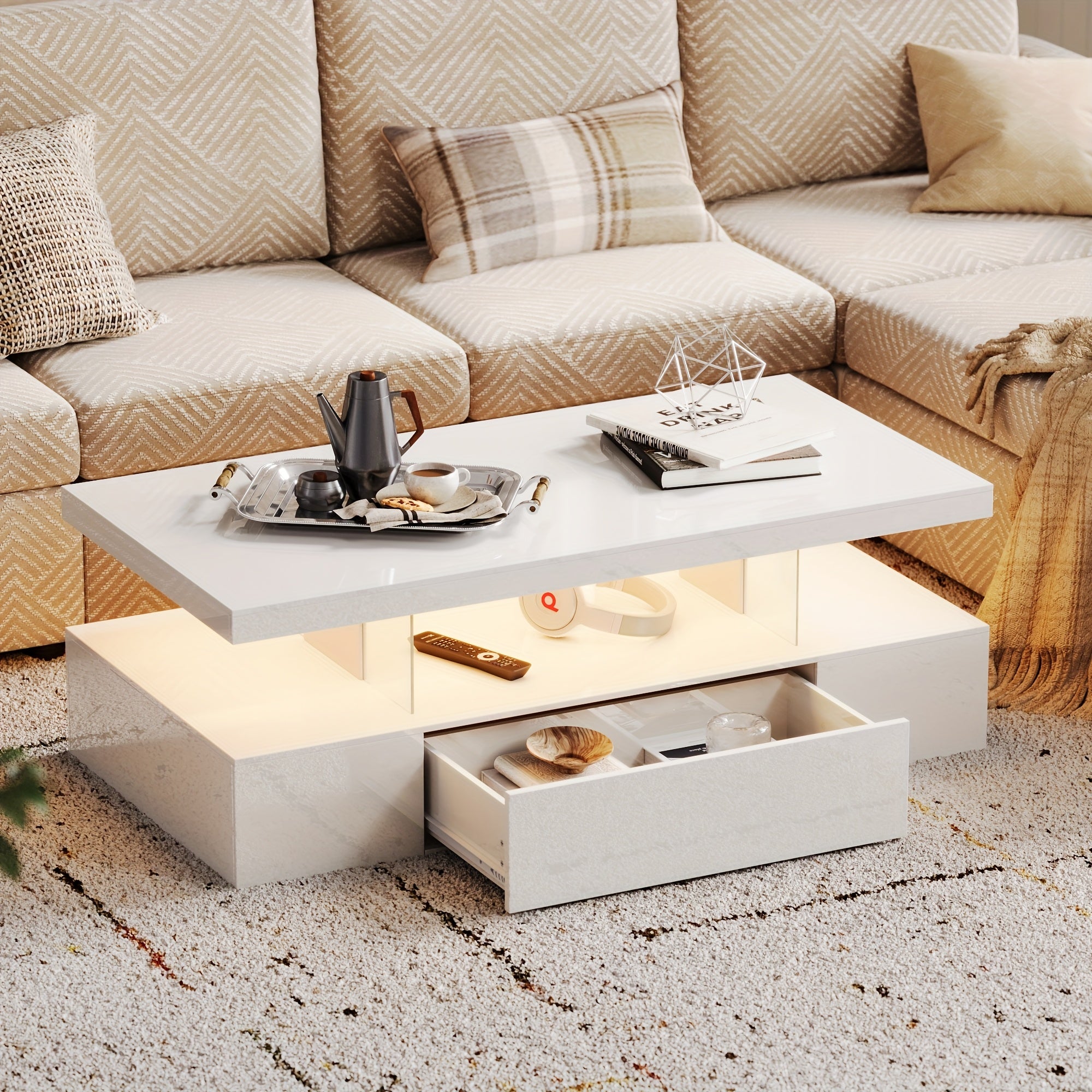 Modern LED Coffee Table With Adjustable Lighting - High-Gloss, Durable Wooden Centerpiece For Living Room & Bedroom, Easy Assembly, Space-Saving Design With Open Storage And Sliding Drawer Coffee Table For Living Room