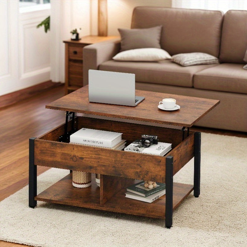 Rustic Brown Lift-Top Coffee Table with Large Hidden Storage - Versatile Wood & Metal Center Table for Living Room and Office