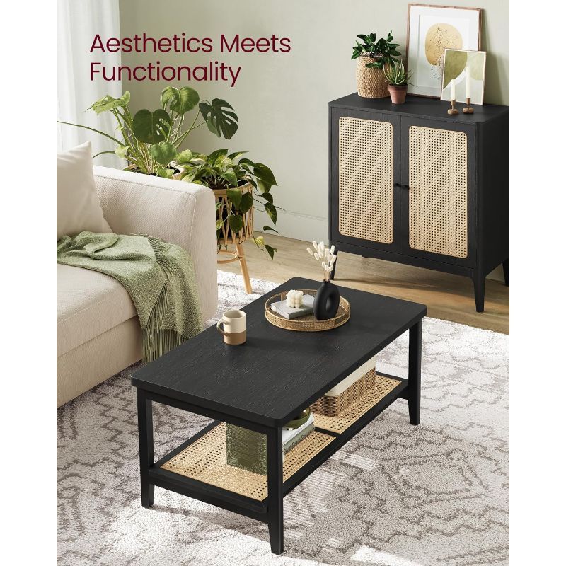 Boho Chic 2-Tier Coffee Table with PVC Rattan Storage - Easy Assembly, Rounded Corners, Hardwood & Metal Construction for Living Room, VASAGLE, Rectangular Center Table