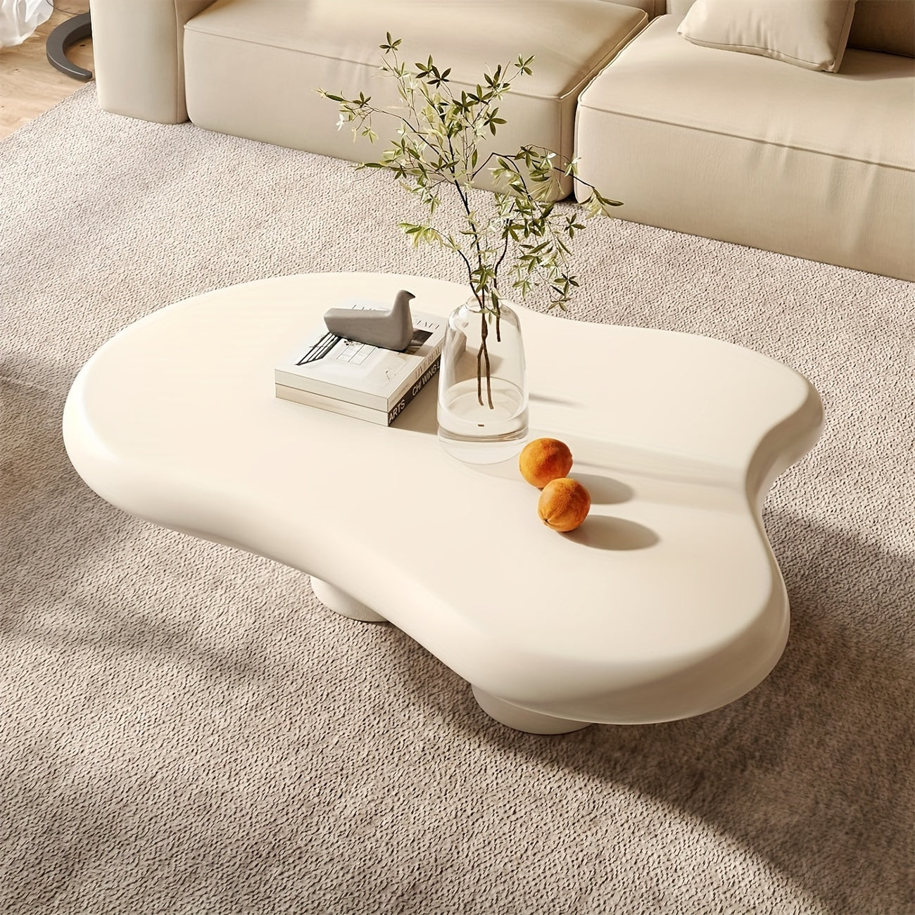 Cream White Coffee Table, Cloud-Shape Cute Coffee Table With 3 Short Legs, Modern Live Round Edge Coffee Table, Funky Minimalist Living Room Low Coffee Table For Sitting On The Floor