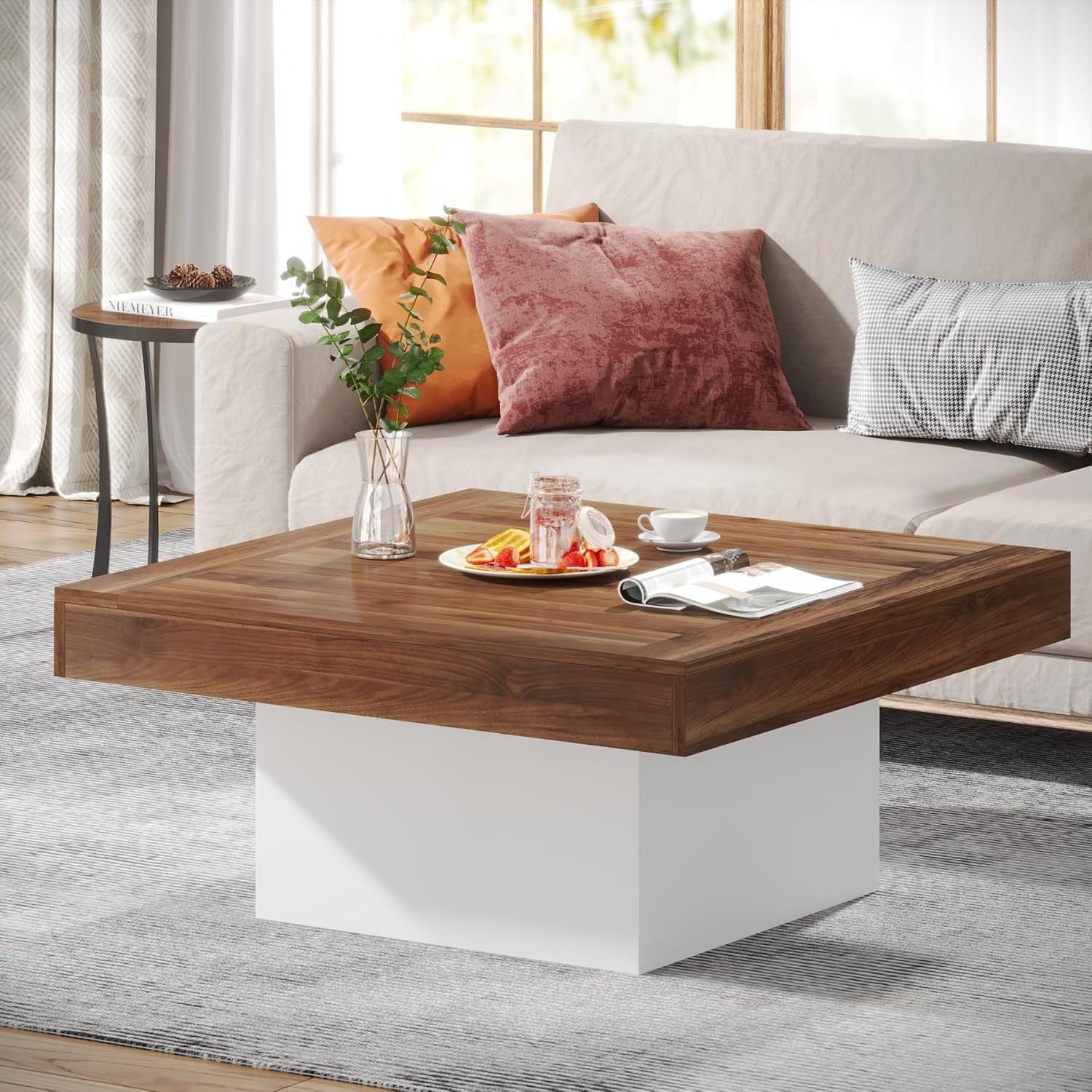 Coffee Table Square LED Coffee Table Engineered Wood Low Coffee Table for Living Room (Grey+White), Storage Racks for garage