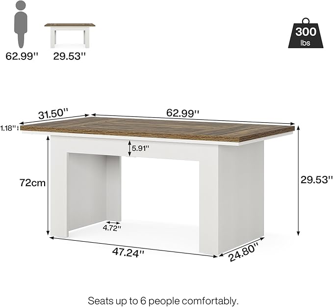 160cm Farmhouse Dining Table for 4-6 People, Rectangle Kitchen Table Dining Room Table, Wood Family Dinner Table for Living Room, Kitchen, Dining Room, Brown and White